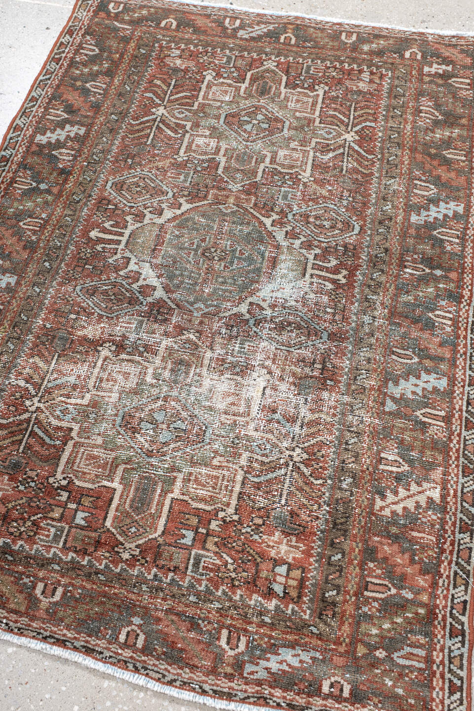 3' x 4' one-of-a-kind handmade antique Karaje small size rug. Color palette: rust, sage, ivory, charcoal, terra cotta, taupe