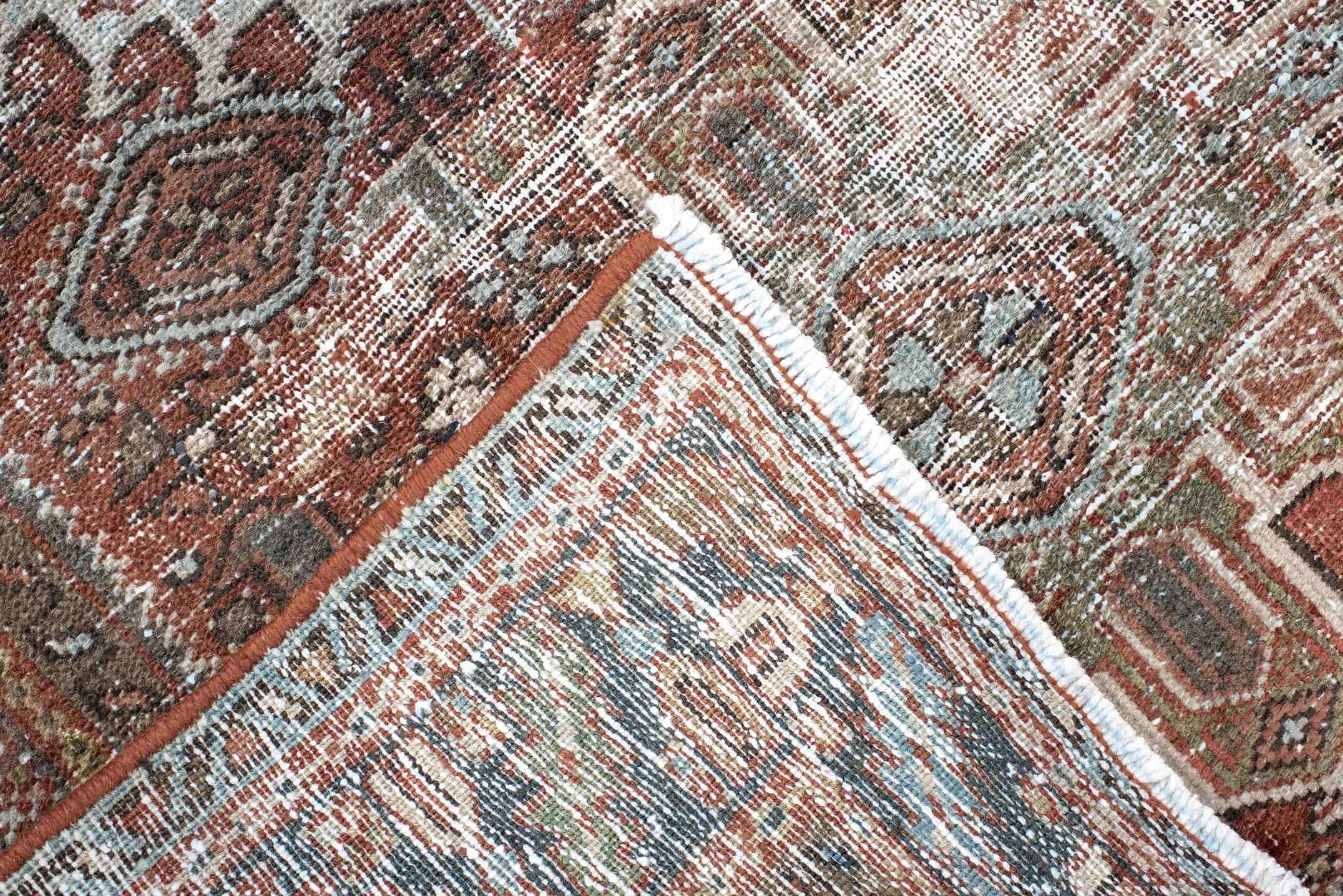 3' x 4' one-of-a-kind handmade antique Karaje small size rug. Color palette: rust, sage, ivory, charcoal, terra cotta, taupe