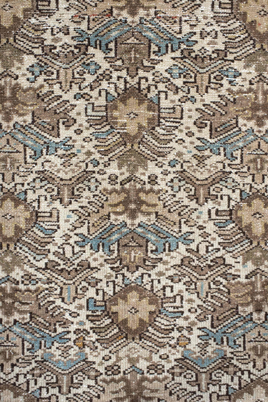4' x 6' one-of-a-kind handmade antique Karaje small size rug. Color palette: ivory, taupe, brown, sky blue, charcoal, camel