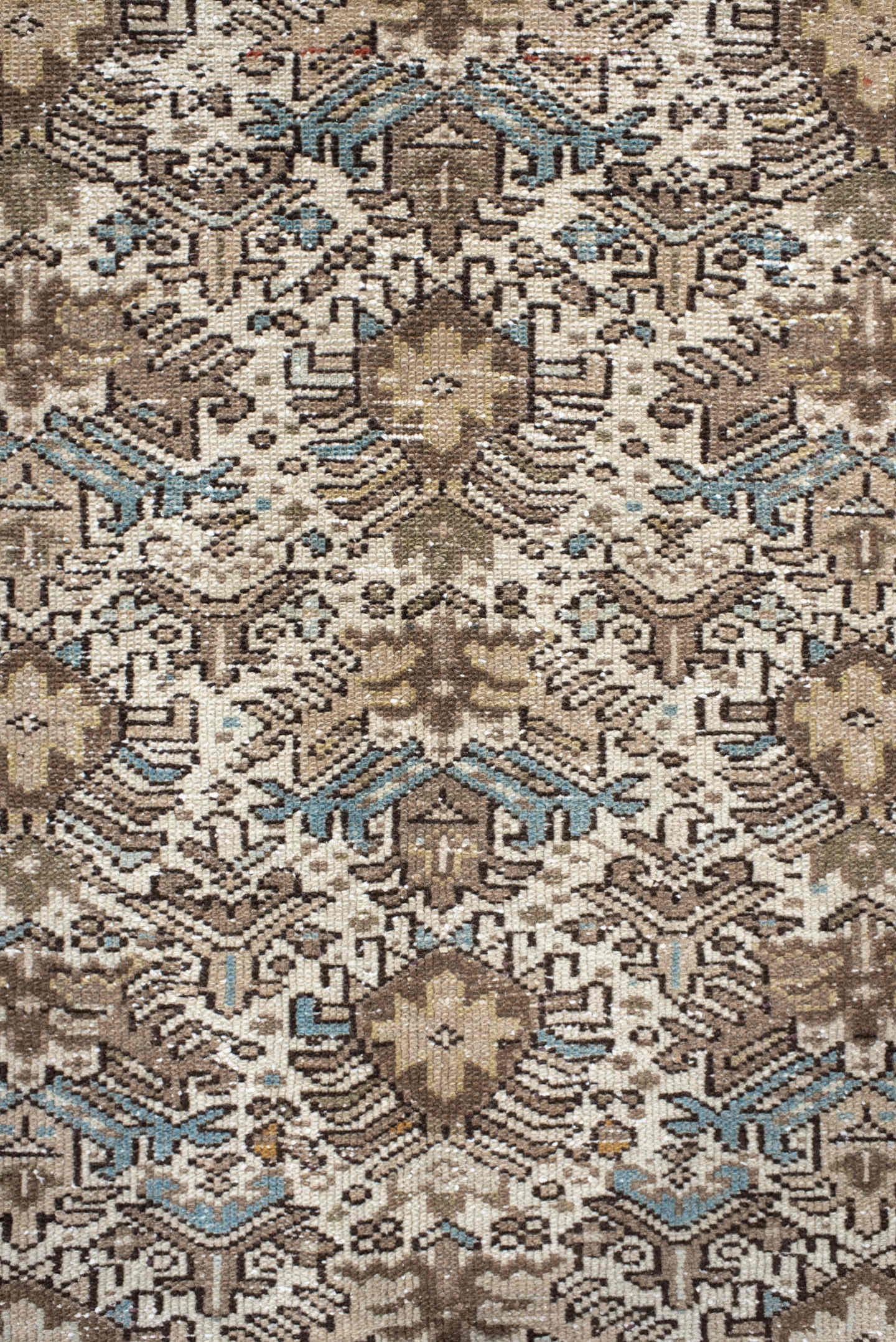 4' x 6' one-of-a-kind handmade antique Karaje small size rug. Color palette: ivory, taupe, brown, sky blue, charcoal, camel
