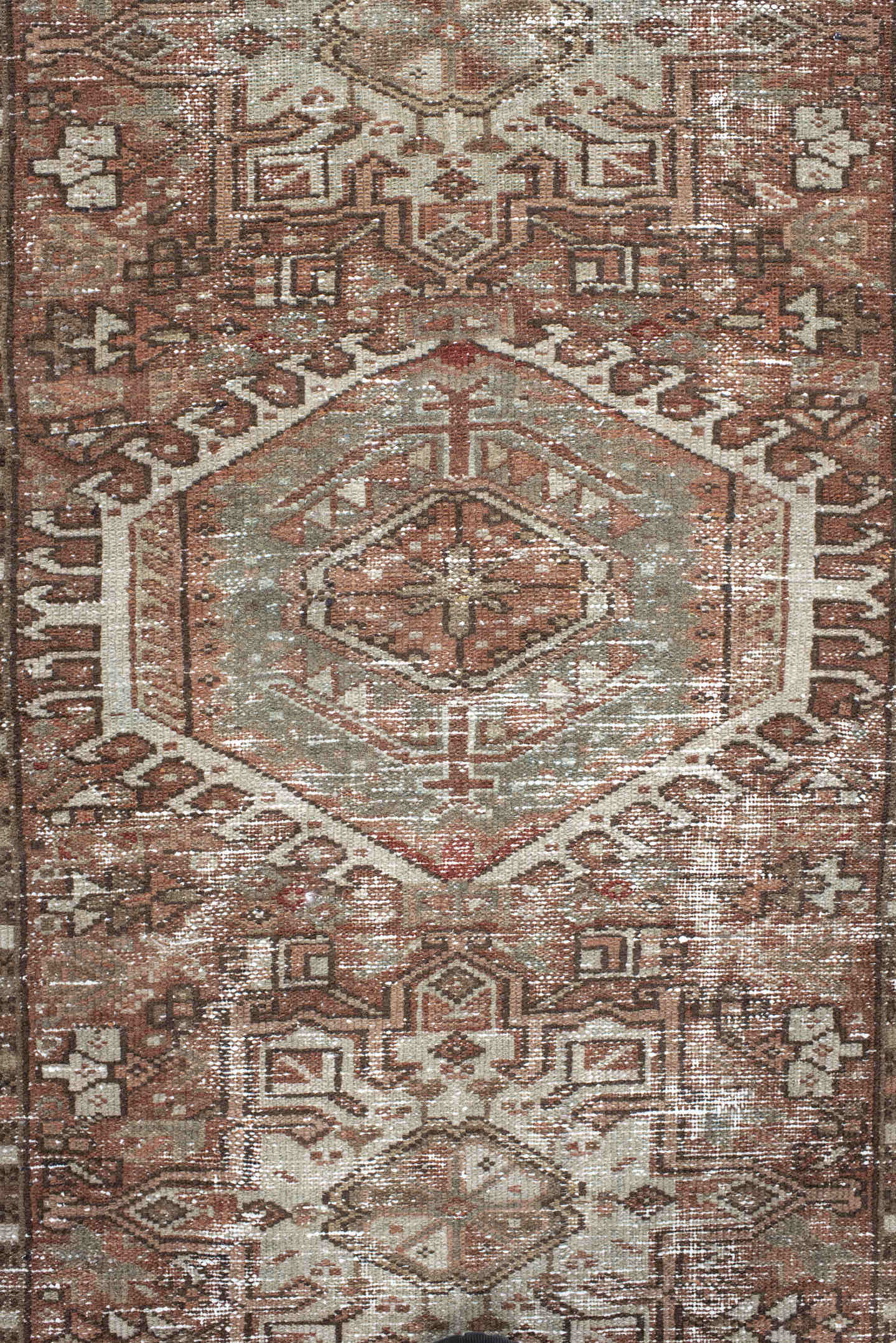 3' x 4' one-of-a-kind handmade vintage Karaje small size rug. Color palette: rust, sage, ivory, taupe, brown, terra cotta