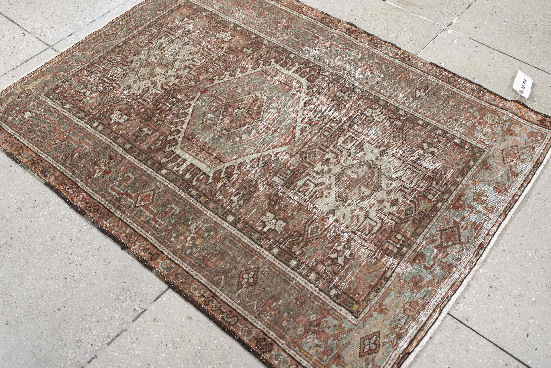 3' x 4' one-of-a-kind handmade vintage Karaje small size rug. Color palette: brown, gainsboro, gray, light gray, linen
