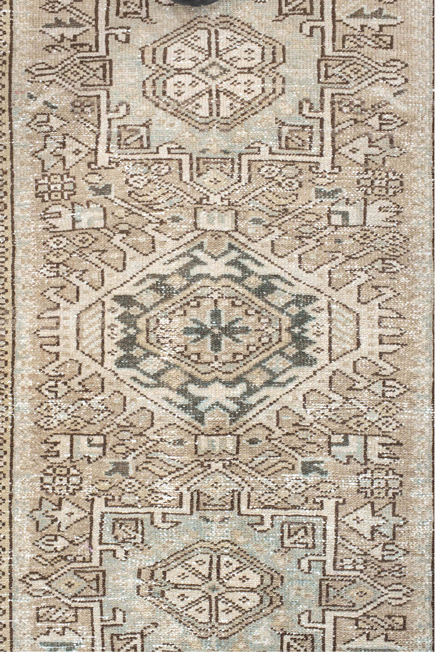 3' x 4' one-of-a-kind handmade vintage Karaje small size rug. Color palette: ivory, taupe, charcoal, sage, camel, brown