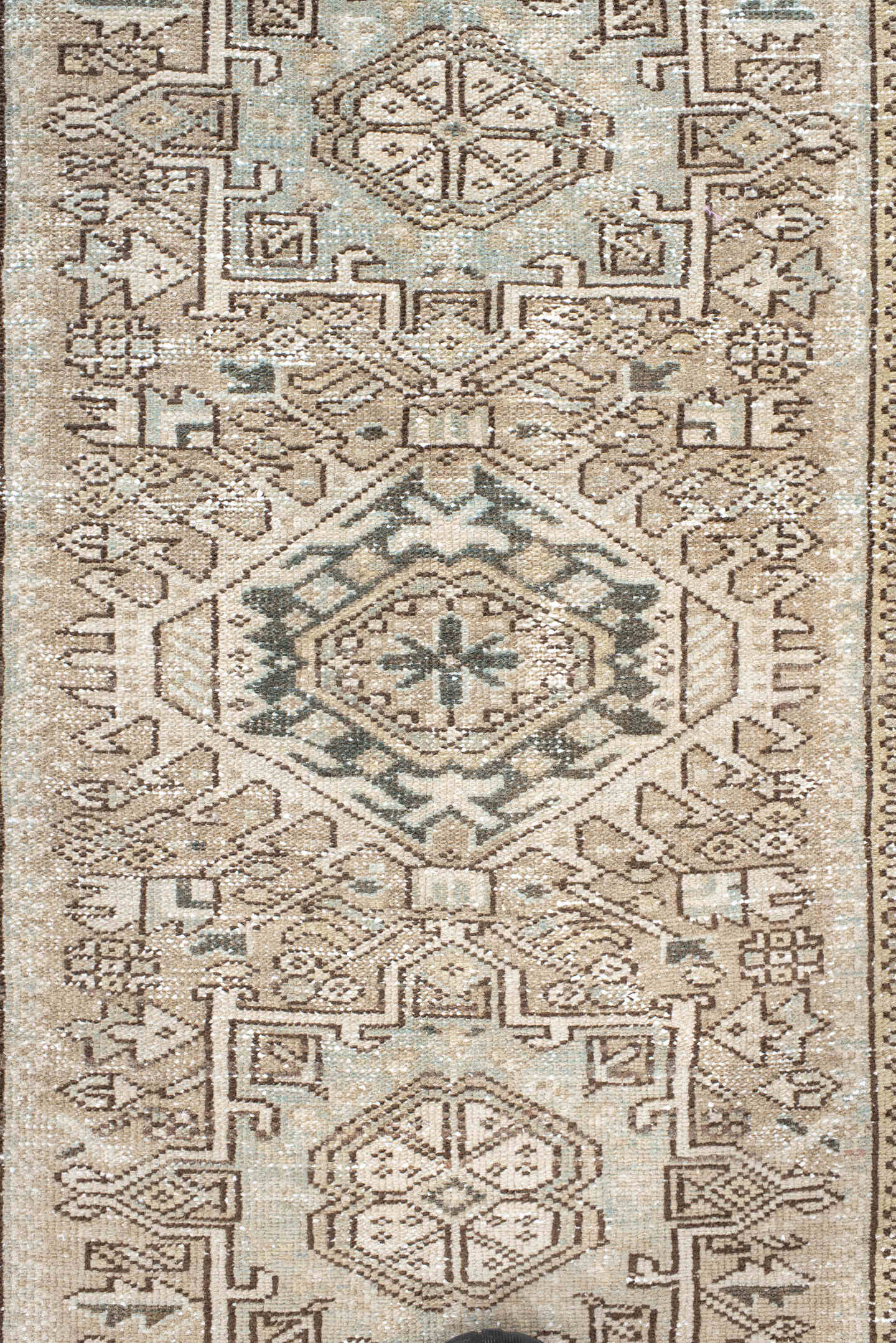 3' x 4' one-of-a-kind handmade vintage Karaje small size rug. Color palette: ivory, taupe, charcoal, sage, camel, brown