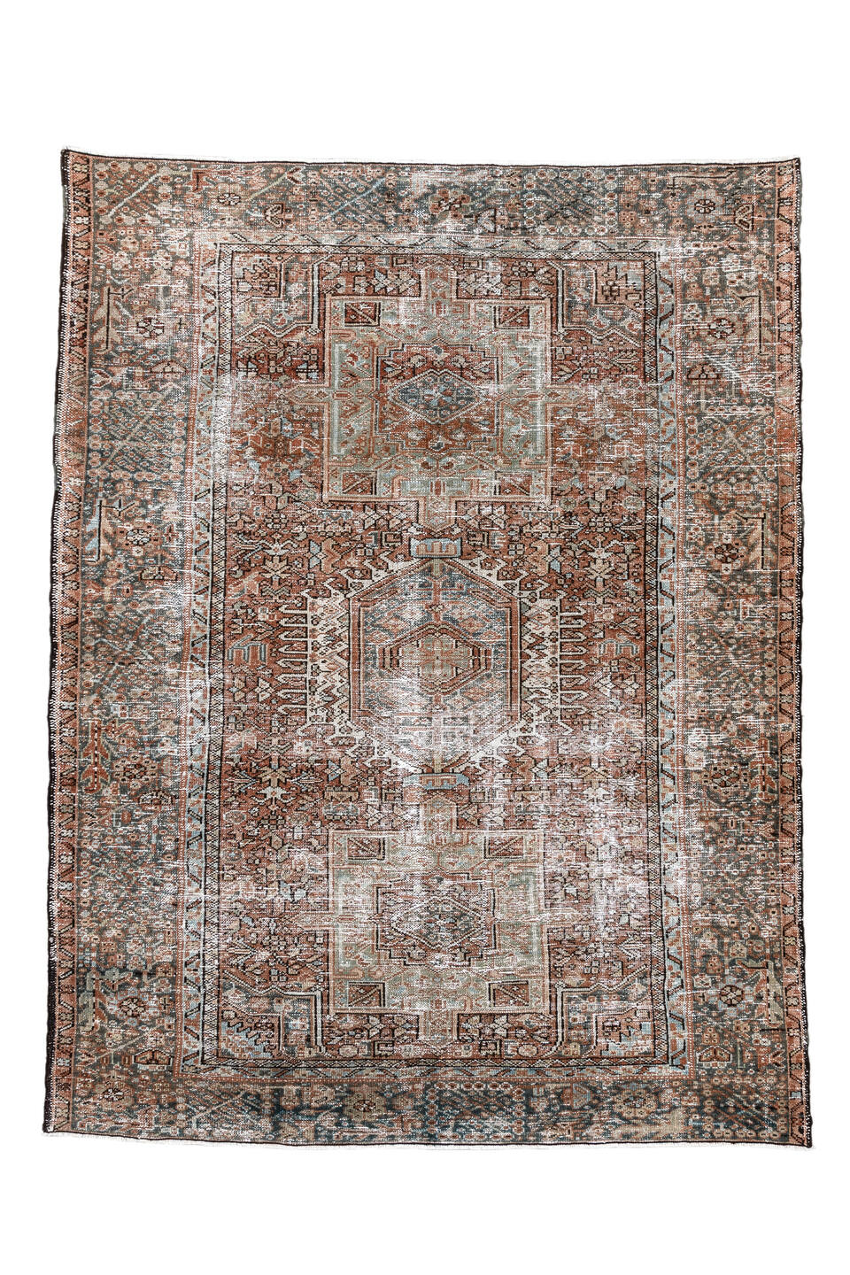 4' x 5' one-of-a-kind handmade antique Karaje small size rug. Color palette: rust, ivory, sage, charcoal, terra cotta, taupe