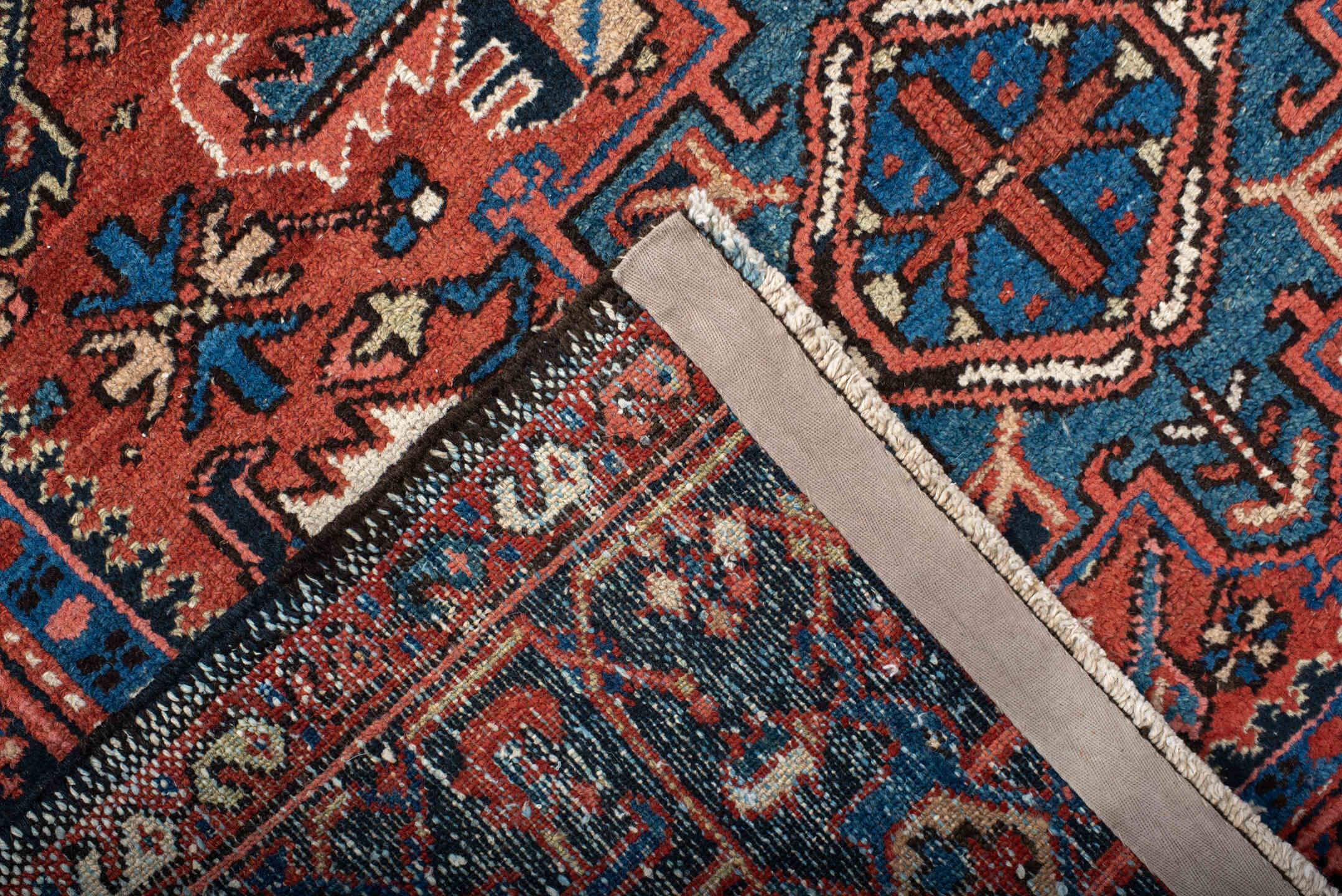 4' x 6' one-of-a-kind handmade antique Karaje small size rug. Color palette: rust, navy, sky_blue, ivory, terracotta