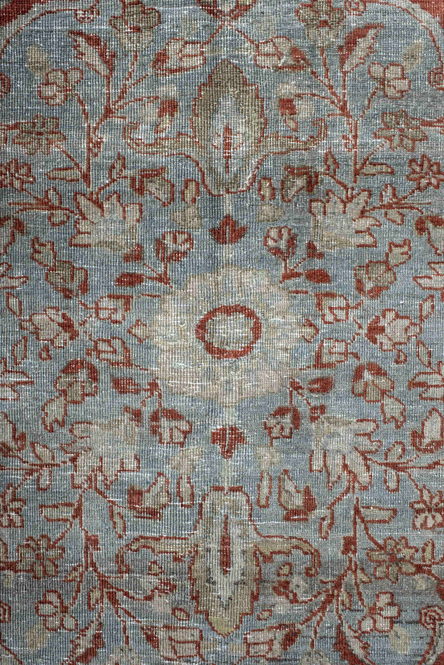 7' x 10' one-of-a-kind handmade antique Heriz large size rug. Color palette: rust, pale blue, ivory, brick, sage, taupe