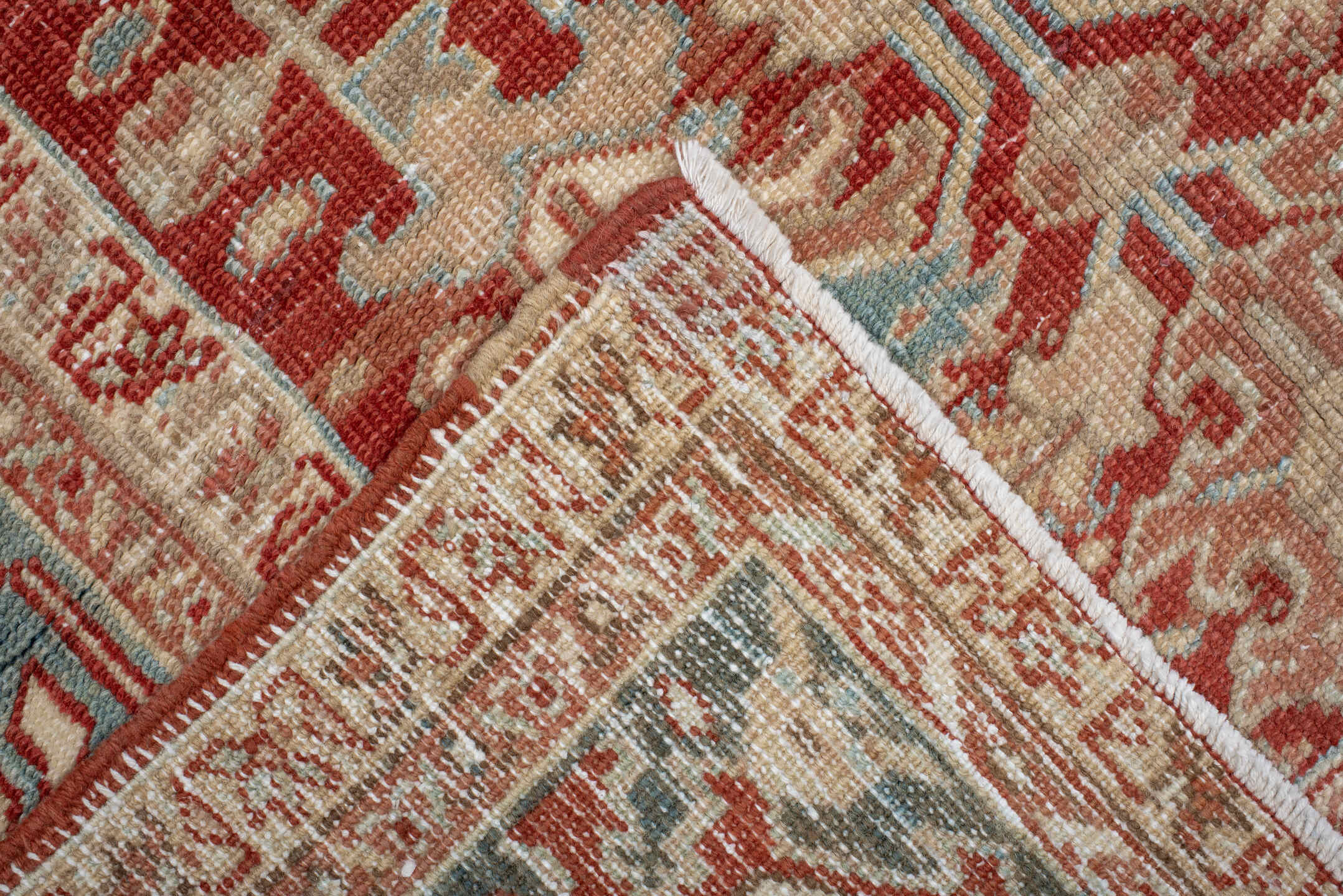 7' x 10' one-of-a-kind handmade antique Heriz large size rug. Color palette: rust, ivory, sky blue, coral, brick, cream