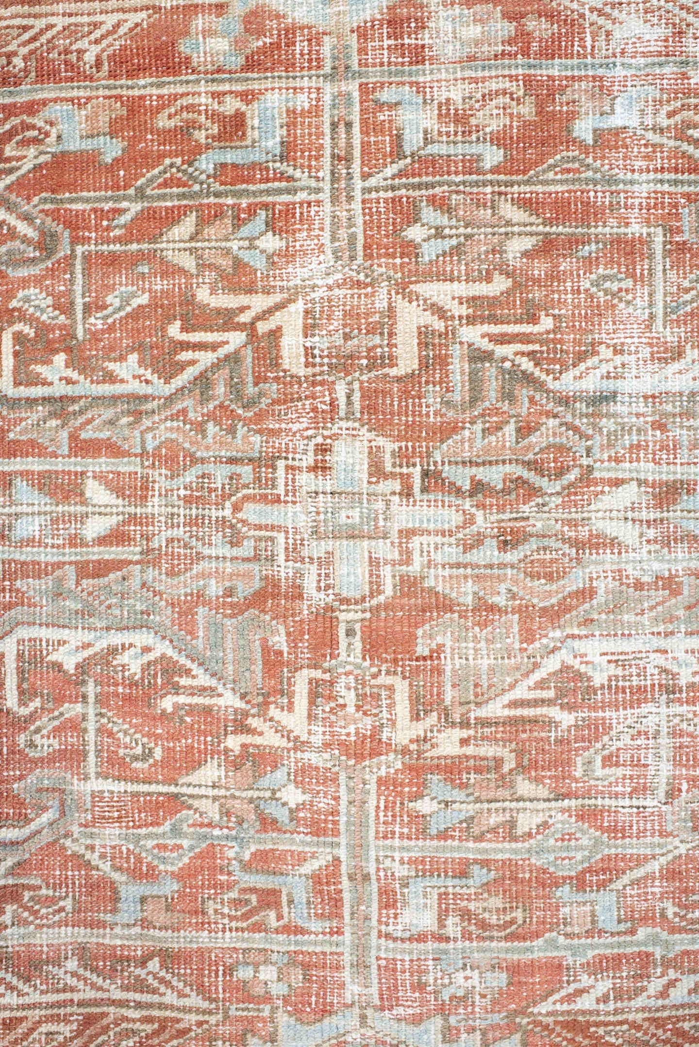 7' x 10' one-of-a-kind handmade vintage Heriz large size rug. Color palette: ivory, terra cotta, pale blue, sage, taupe