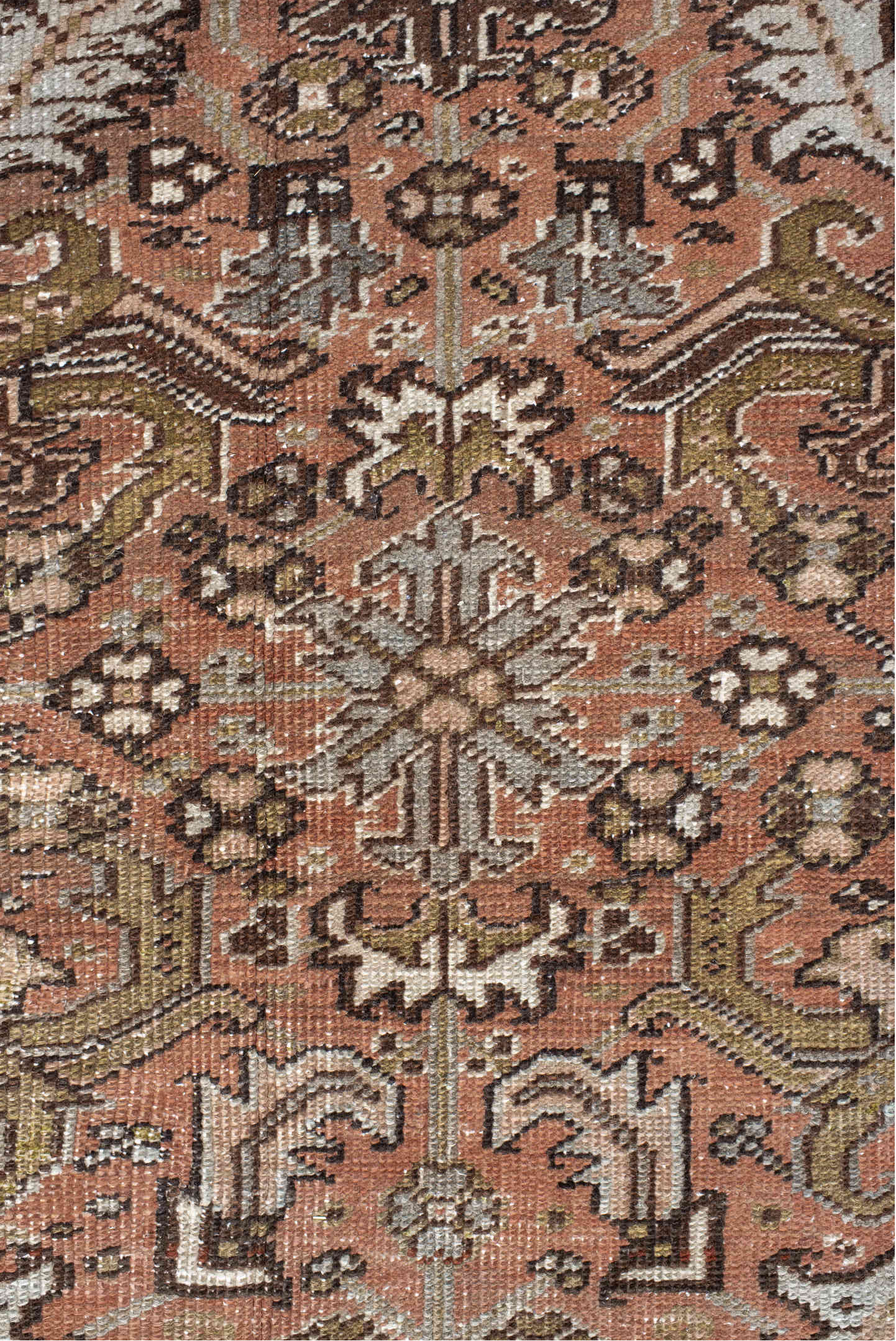 7' x 8' one-of-a-kind handmade antique Heriz rug. Color palette: terra cotta, slate, ivory, taupe, charcoal, olive, rust