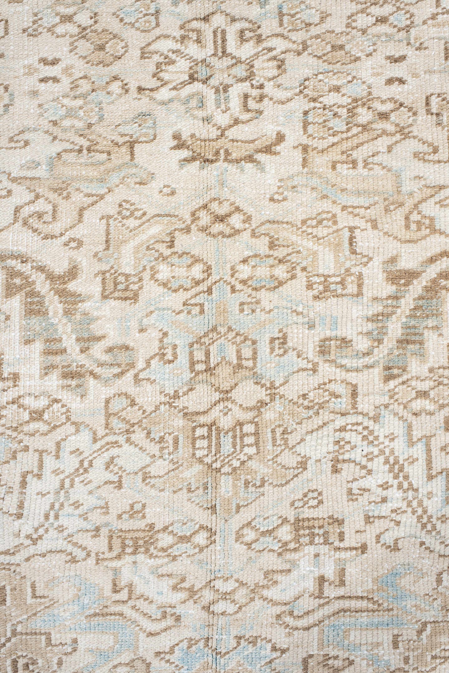 7' x 8' one-of-a-kind handmade antique Heriz rug. Color palette: ivory, taupe, pale blue, sand, beige, camel, gray