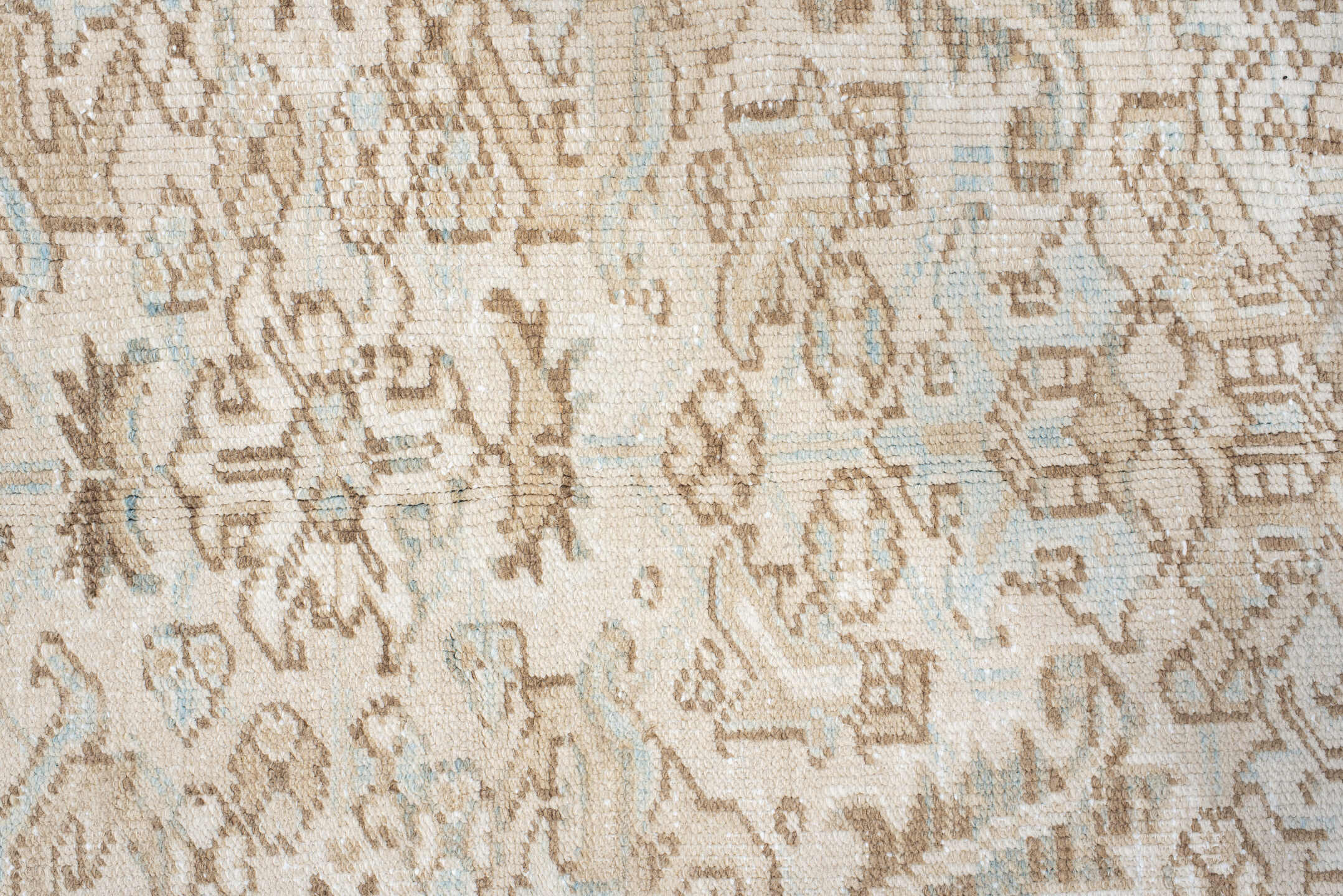 7' x 8' one-of-a-kind handmade antique Heriz rug. Color palette: ivory, taupe, pale blue, sand, beige, camel, gray