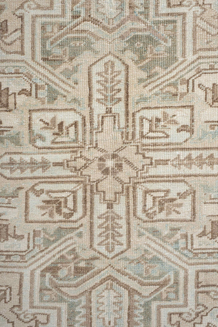 8' x 10' one-of-a-kind handmade antique Heriz large size rug. Color palette: ivory, taupe, pale_blue, sage, beige, camel