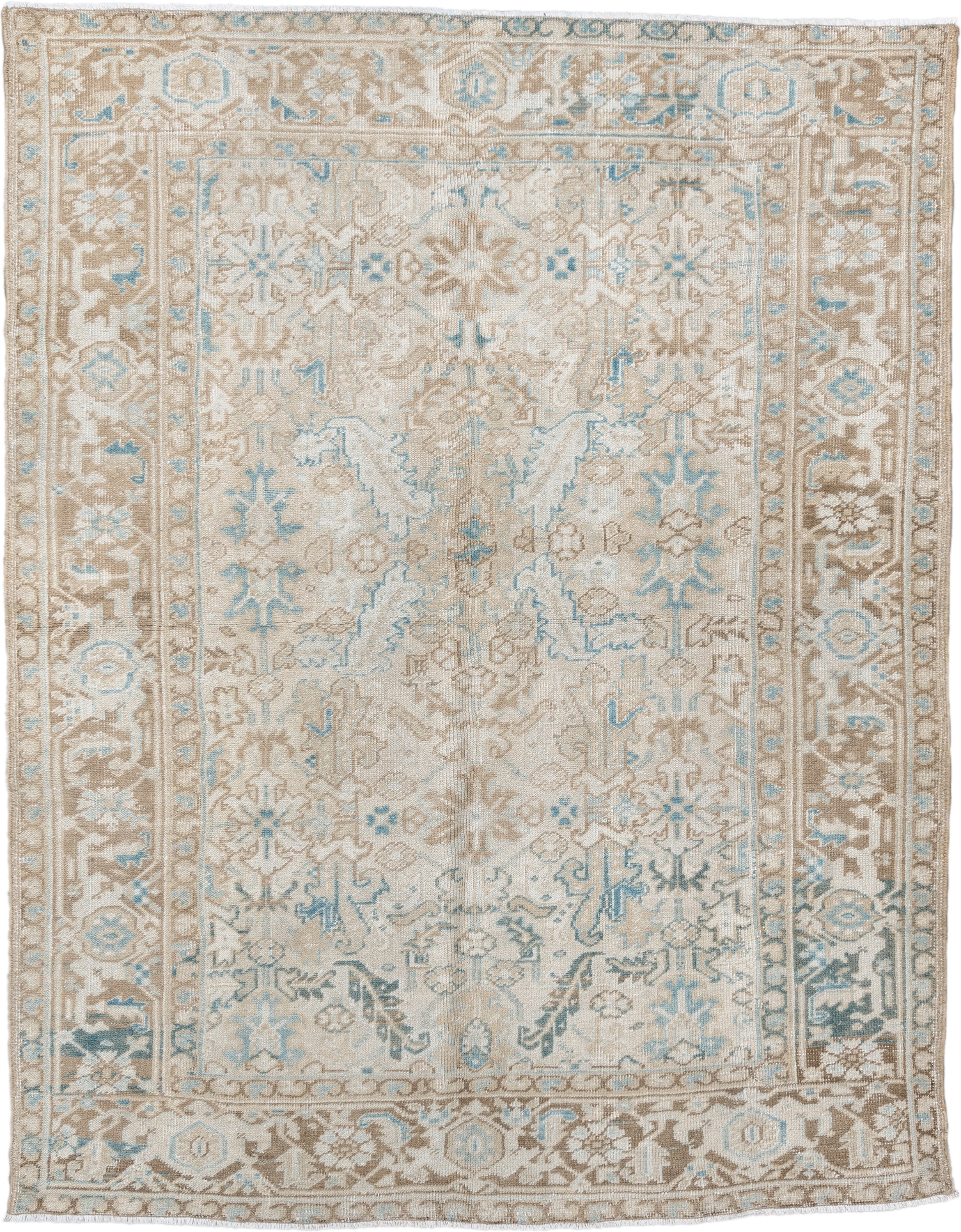 6' x 7' one-of-a-kind handmade vintage Heriz medium size rug. Color palette: ivory, taupe, sky blue, beige, camel