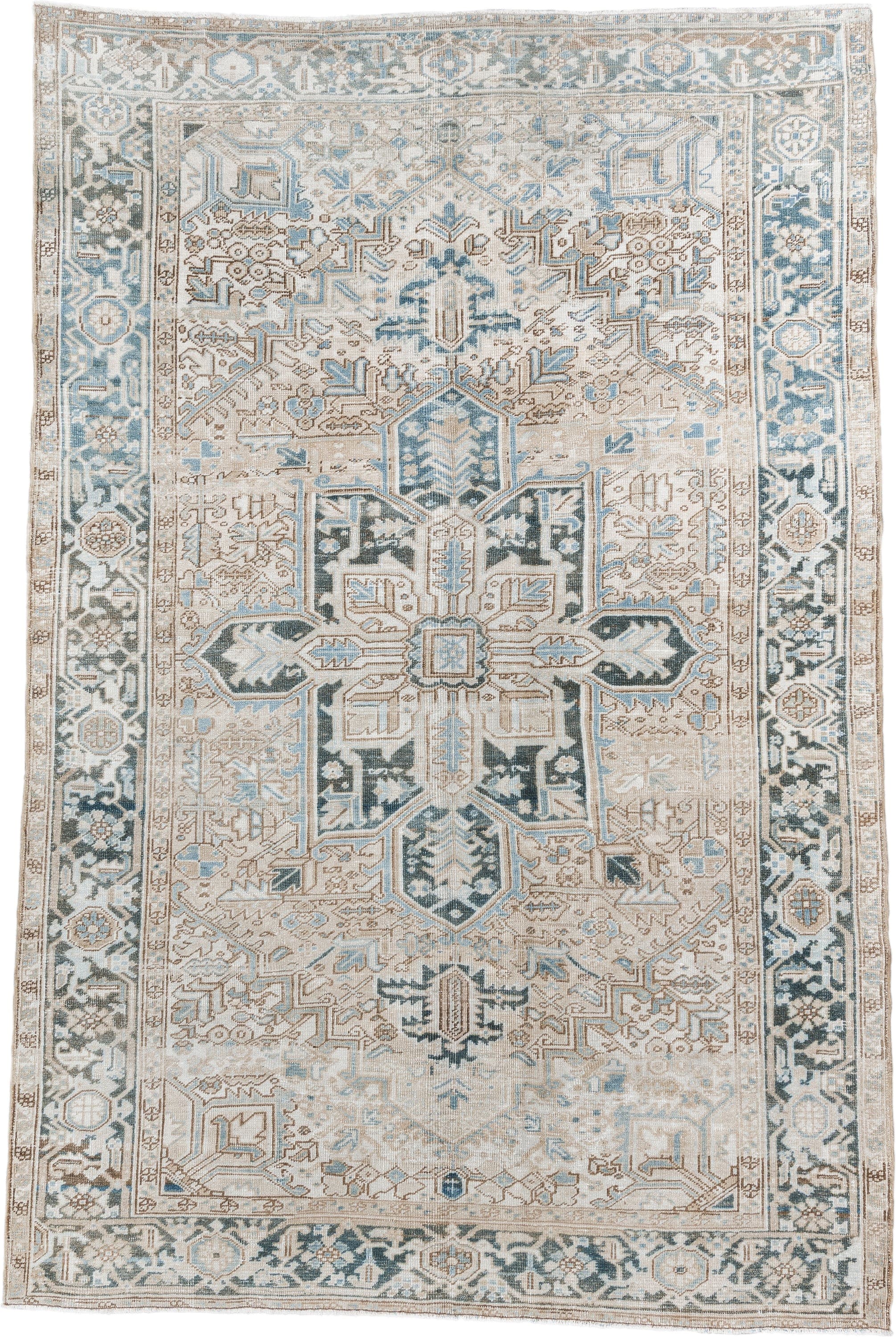 6' x 10' one-of-a-kind handmade antique Heriz large size rug. Color palette: ivory, sky blue, taupe, charcoal, beige, slate