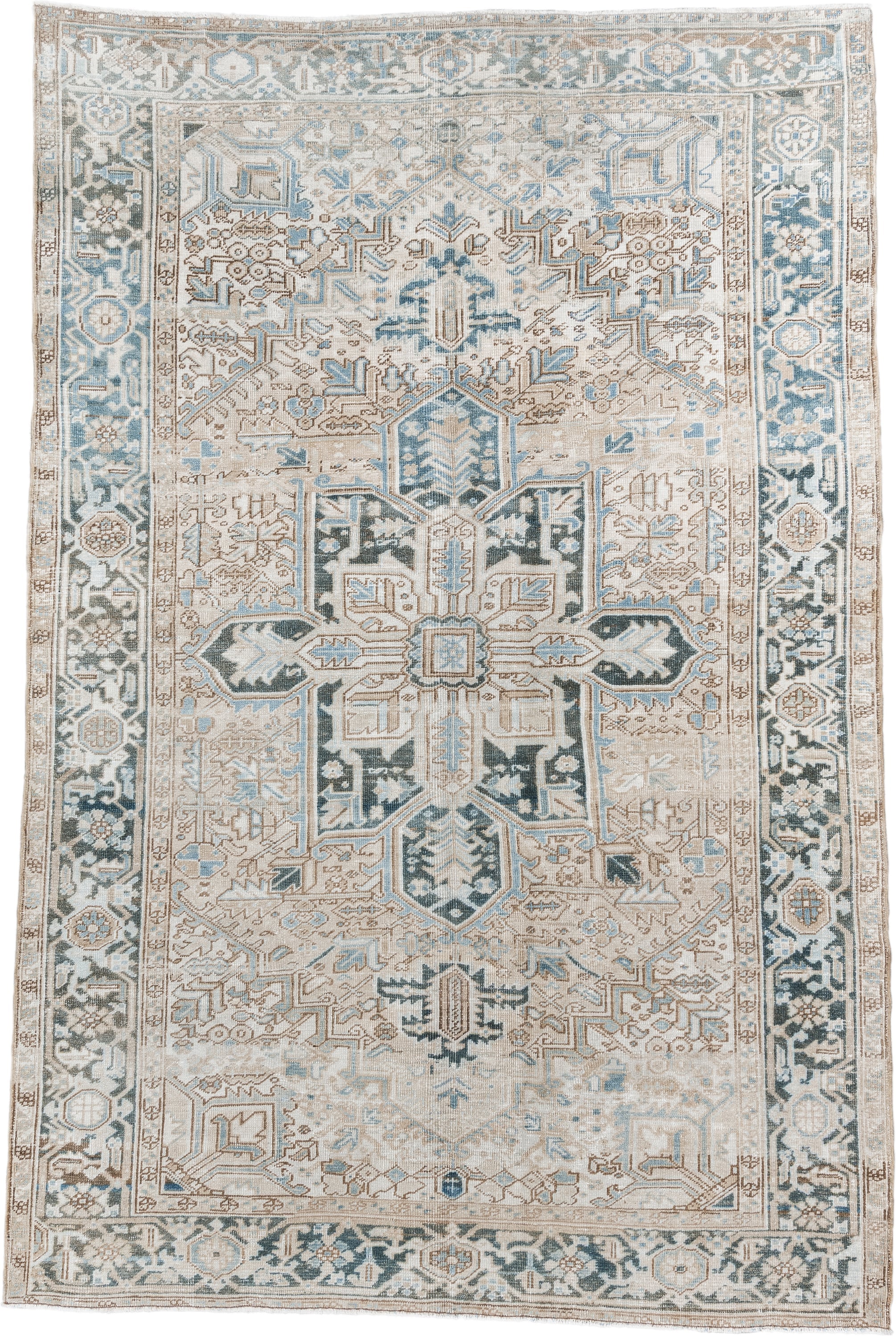 6' x 10' one-of-a-kind handmade antique Heriz large size rug. Color palette: ivory, sky blue, taupe, charcoal, beige, slate