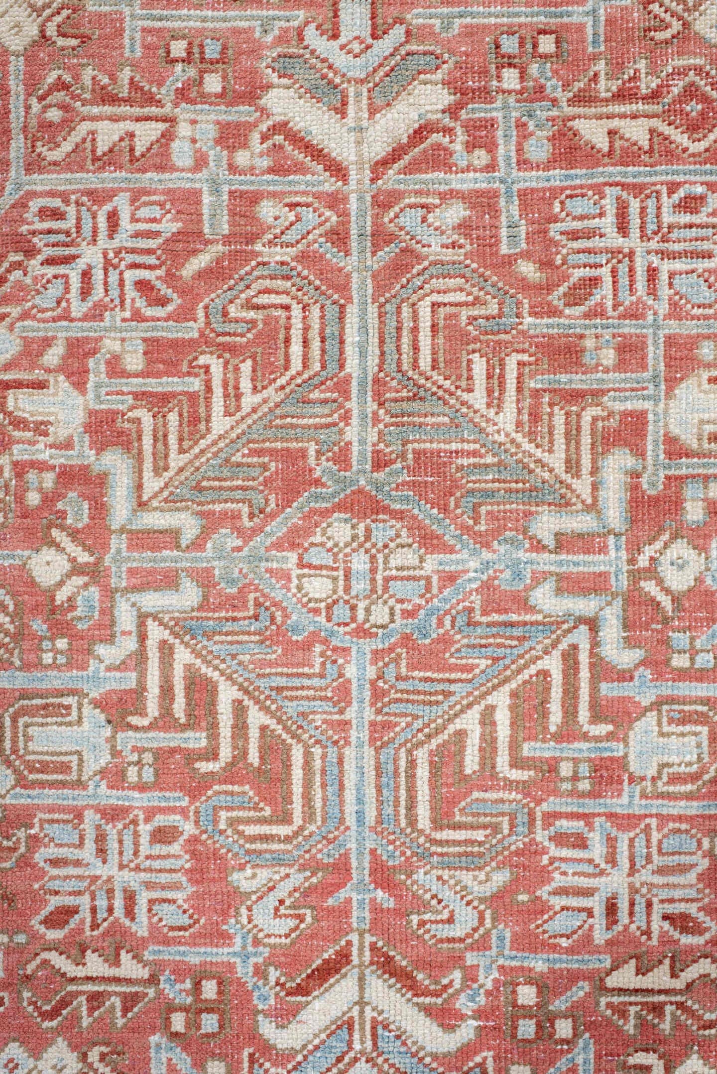 6' x 9' one-of-a-kind handmade vintage medium size rug. Color palette: coral, sky blue, ivory, rust, salmon, cream