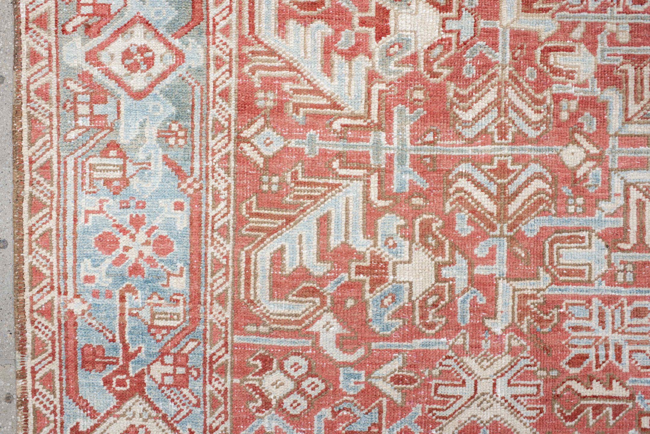 6' x 9' one-of-a-kind handmade vintage medium size rug. Color palette: coral, sky blue, ivory, rust, salmon, cream