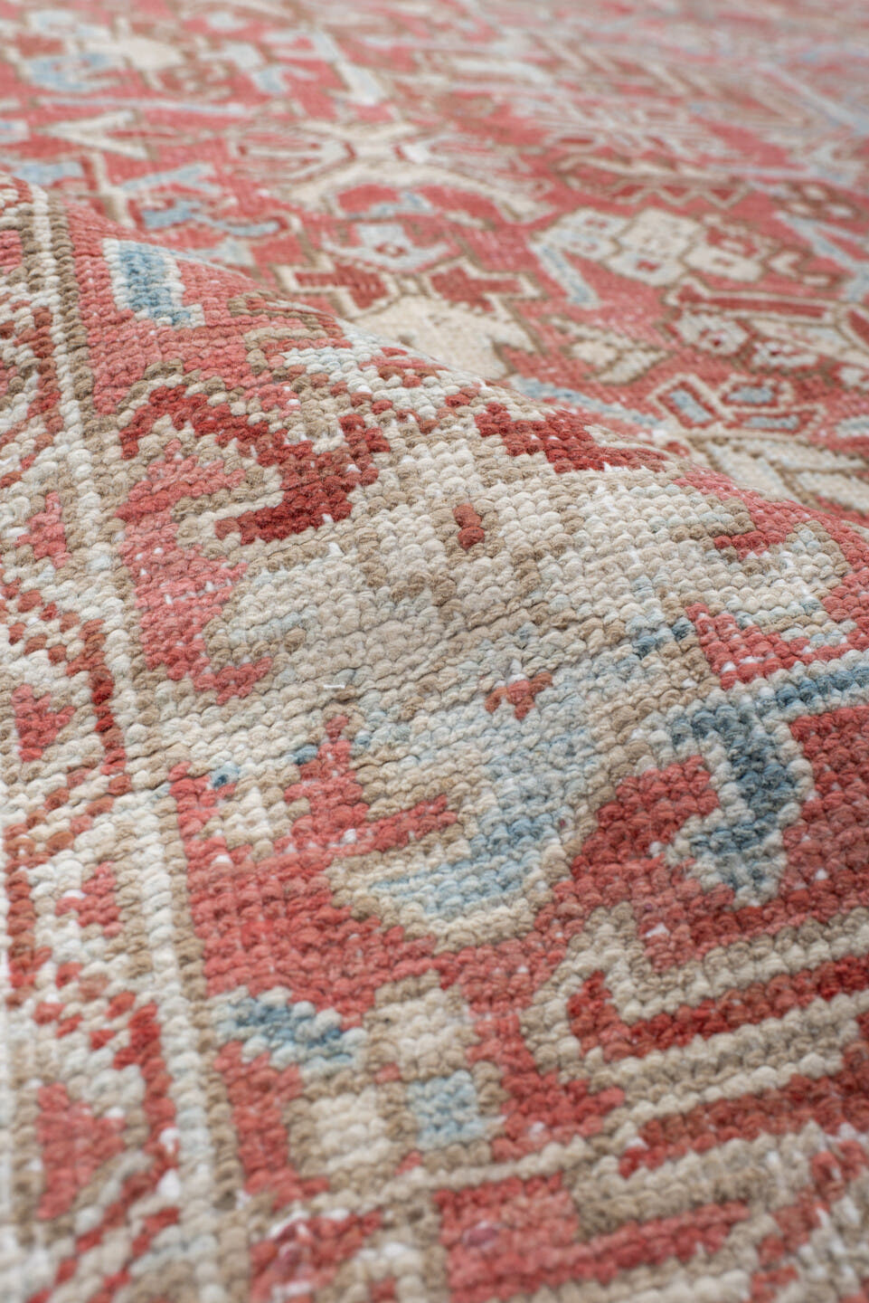 6' x 9' one-of-a-kind handmade vintage medium size rug. Color palette: coral, sky blue, ivory, rust, salmon, cream
