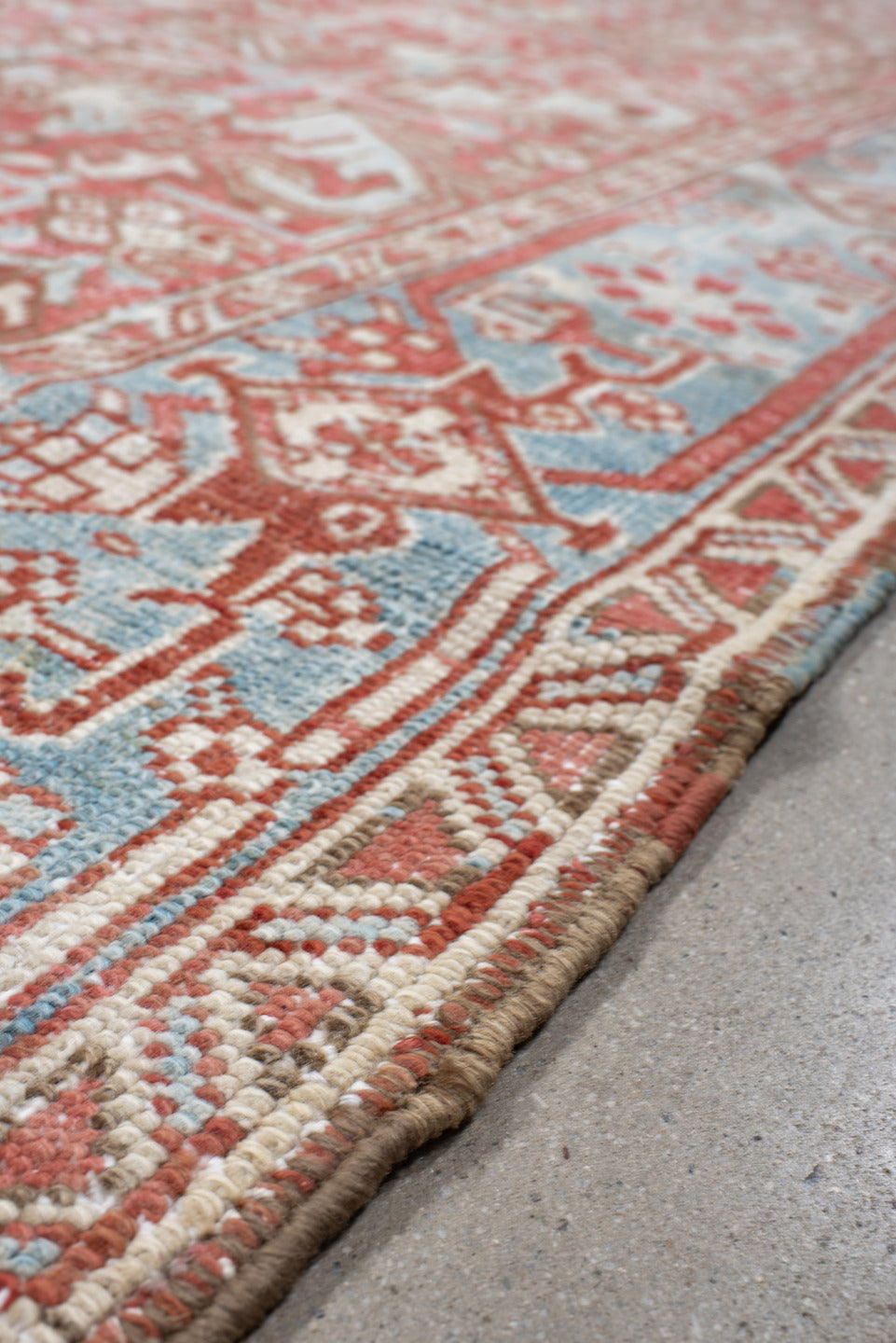 6' x 9' one-of-a-kind handmade vintage medium size rug. Color palette: coral, sky blue, ivory, rust, salmon, cream