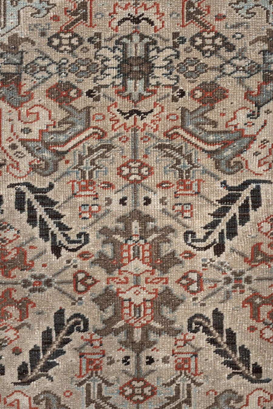8' x 9' one-of-a-kind handmade vintage rug. Color palette: ivory, charcoal, slate, taupe, terracotta, brown, black, gray