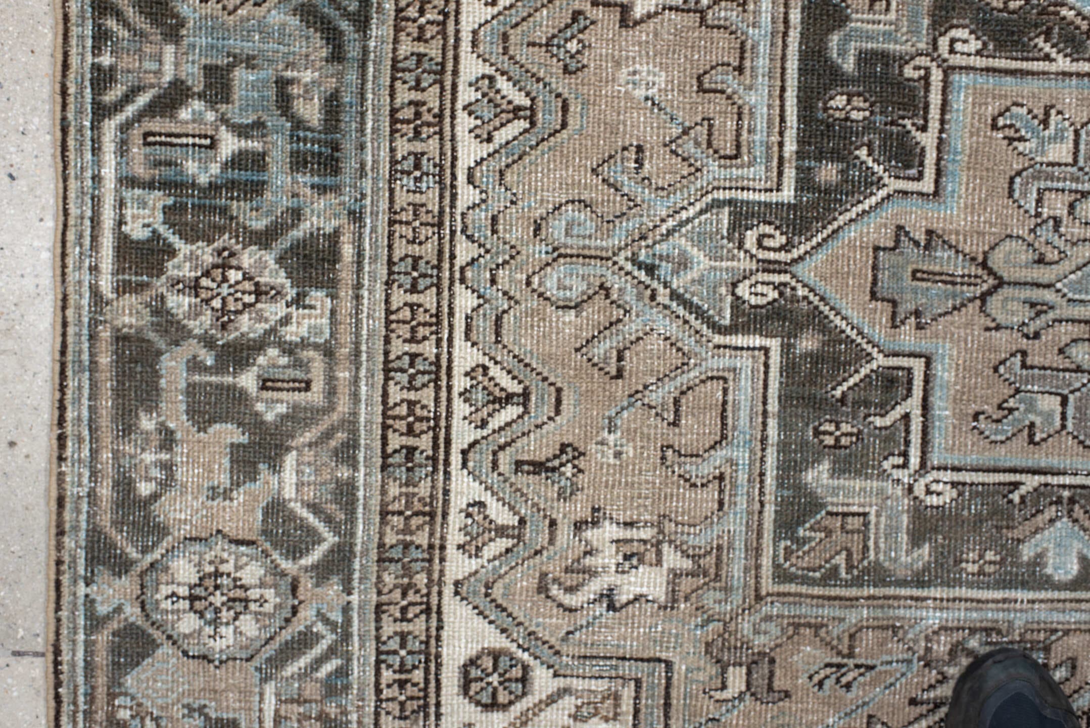6' x 9' one-of-a-kind handmade antique Heriz medium size rug. Color palette: taupe, sky blue, charcoal, ivory, slate, brown