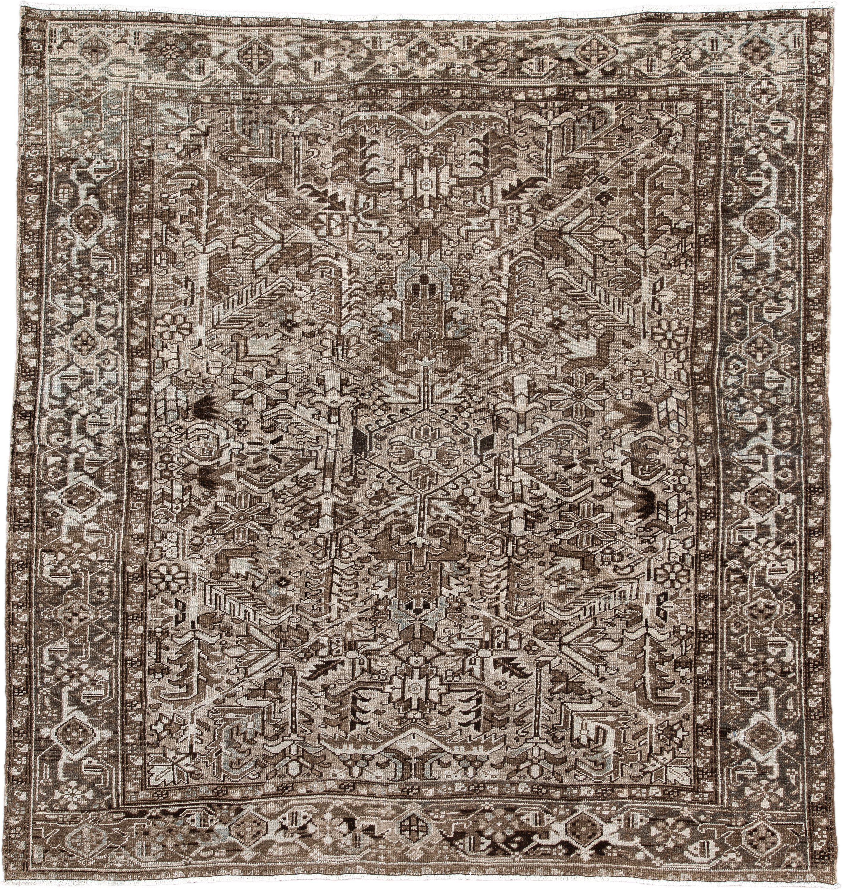 7' x 7' one-of-a-kind handmade antique Heriz rug. Color palette: taupe, brown, ivory, gray, charcoal, beige, black