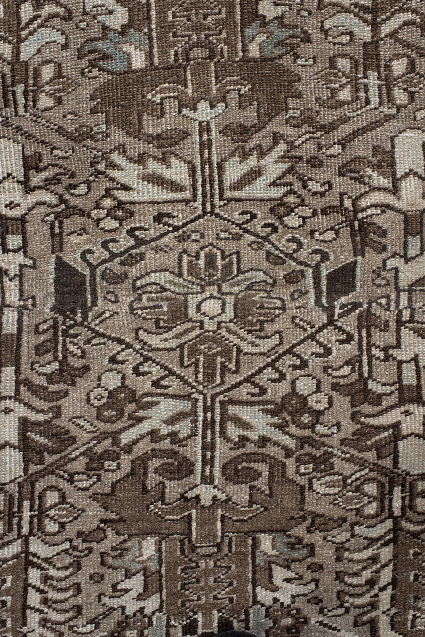 7' x 7' one-of-a-kind handmade antique Heriz rug. Color palette: taupe, brown, ivory, gray, charcoal, beige, black
