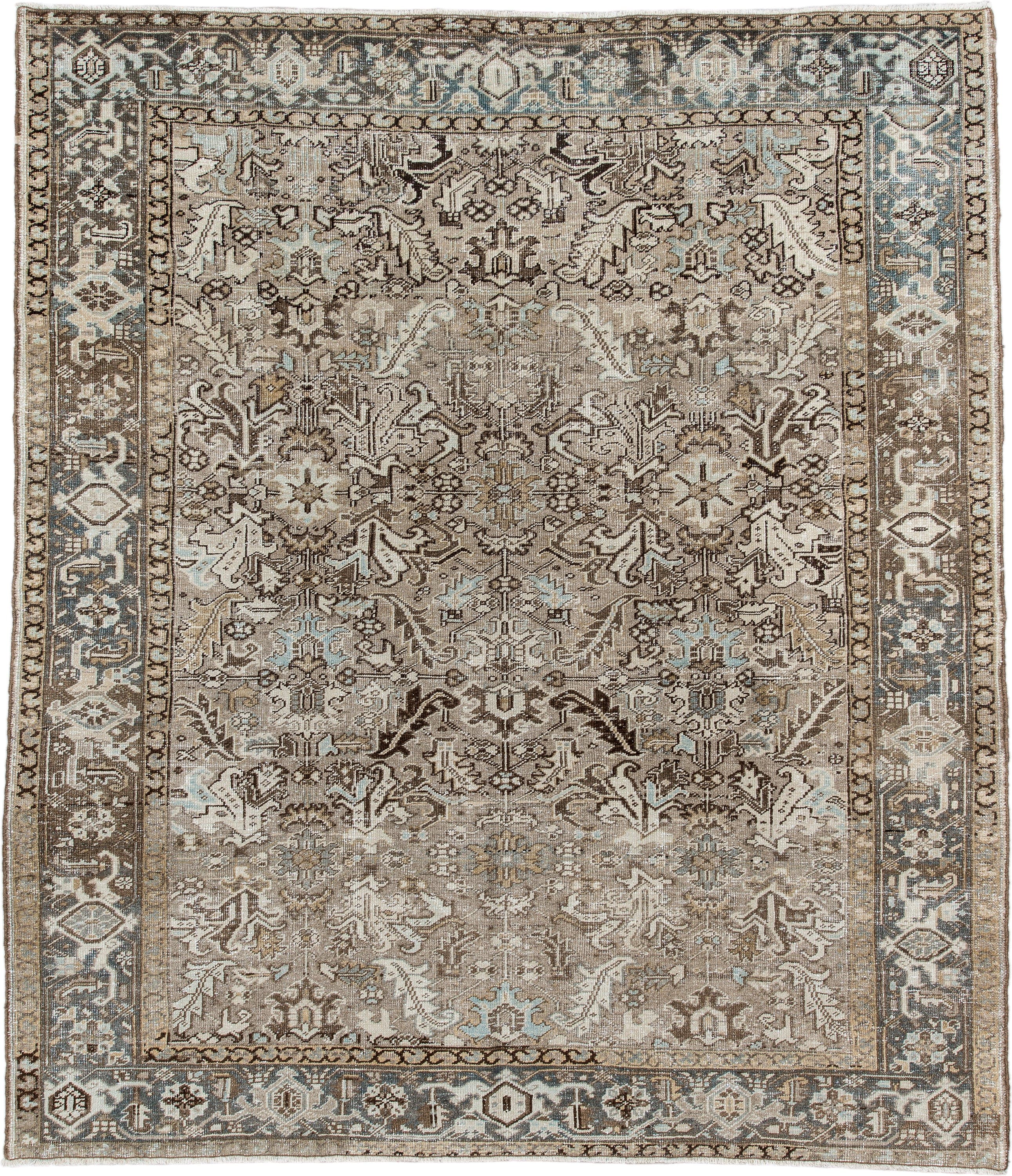 7' x 8' one-of-a-kind handmade antique Heriz rug. Color palette: taupe, brown, ivory, powder_blue, beige, charcoal, gray