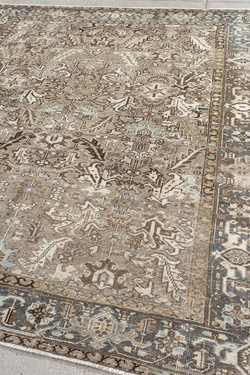 7' x 8' one-of-a-kind handmade antique Heriz rug. Color palette: taupe, brown, ivory, powder_blue, beige, charcoal, gray