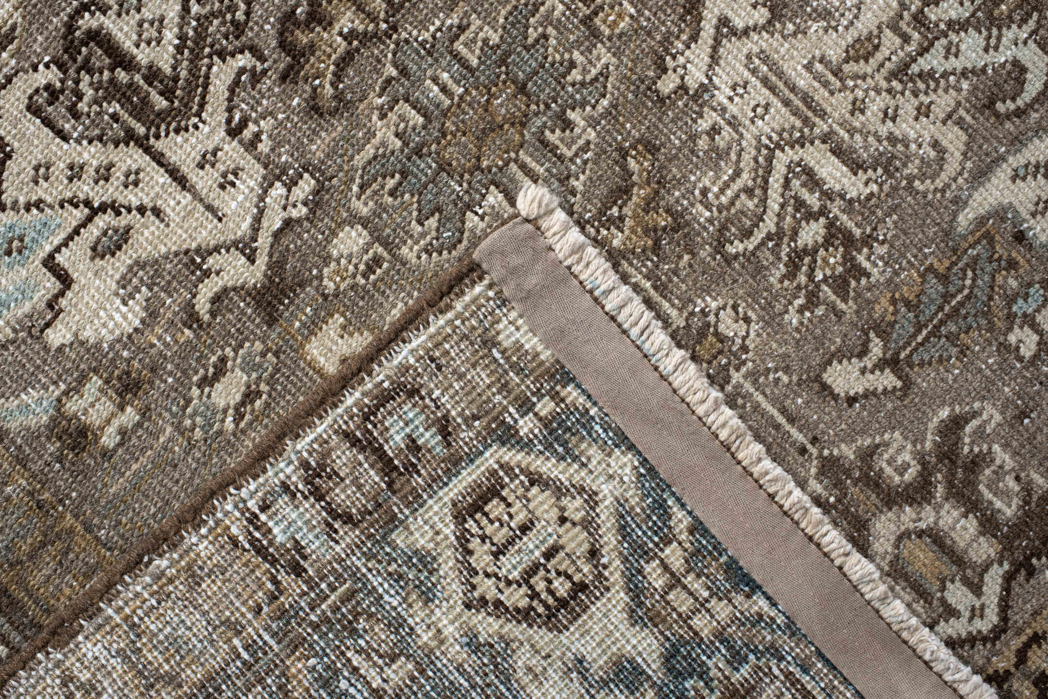 7' x 8' one-of-a-kind handmade antique Heriz rug. Color palette: taupe, brown, ivory, powder_blue, beige, charcoal, gray
