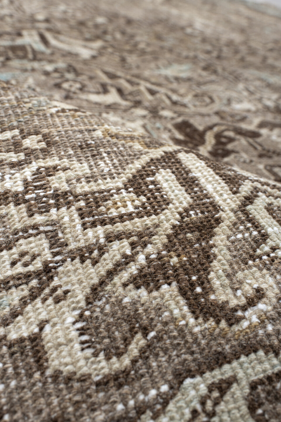 7' x 8' one-of-a-kind handmade vintage Heriz rug. Color palette: black, brown, dim gray, gray, light gray, off-white