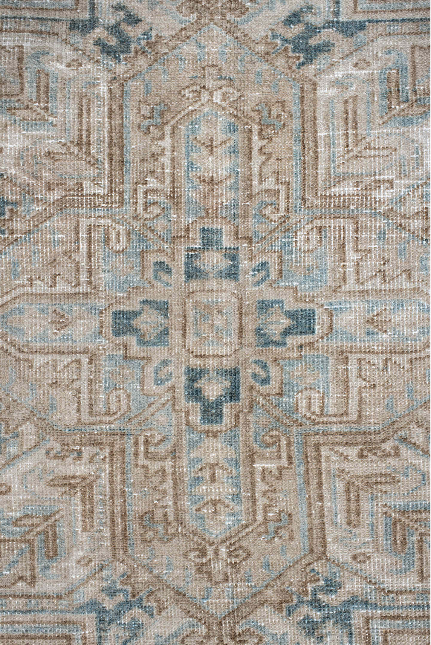 6' x 9' one-of-a-kind handmade antique Heriz medium size rug. Color palette: ivory, taupe, pale blue, beige, slate, cream
