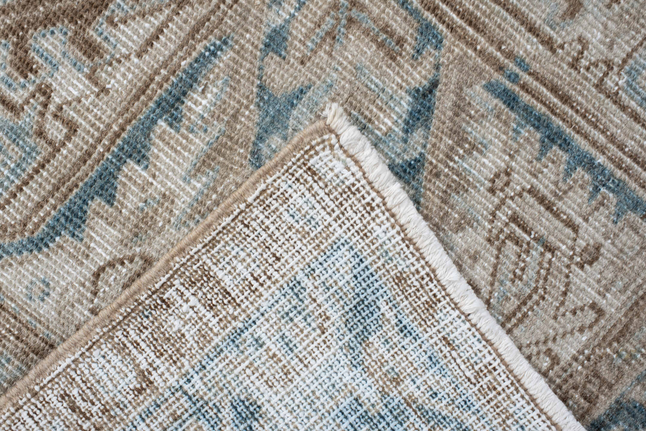 6' x 9' one-of-a-kind handmade antique Heriz medium size rug. Color palette: ivory, taupe, pale blue, beige, slate, cream