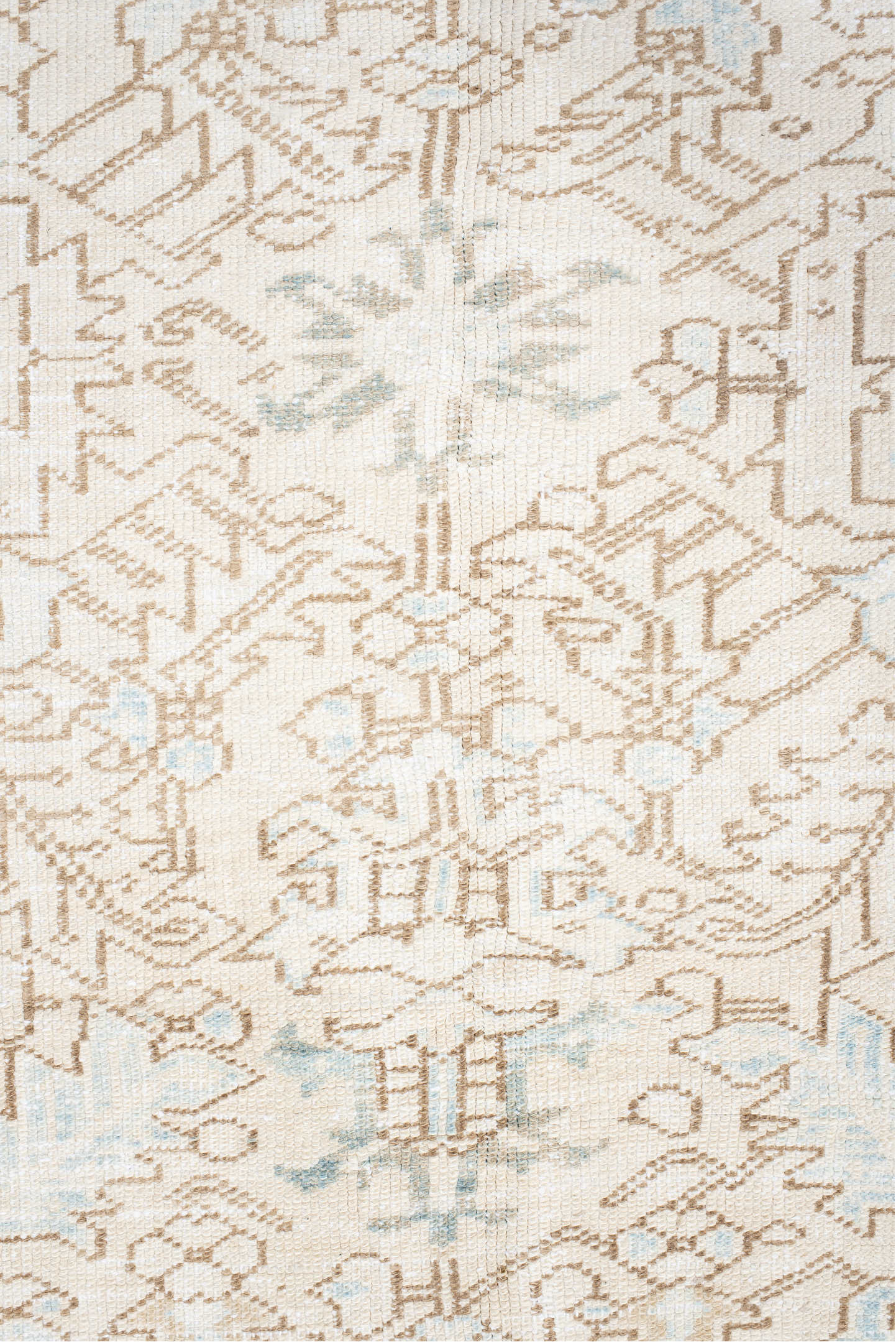 8' x 8' one-of-a-kind handmade antique Heriz rug. Color palette: ivory, pale blue, sand, beige, taupe, light blue, gray