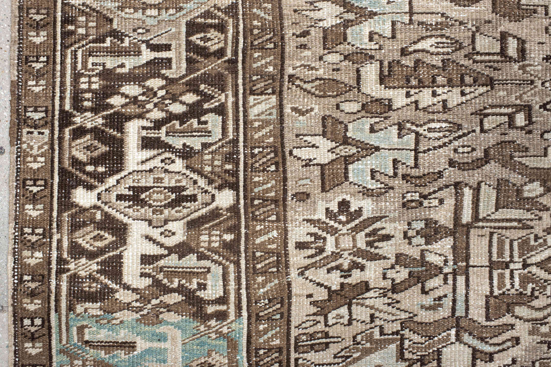 7' x 10' one-of-a-kind handmade antique Heriz large size rug. Color palette: ivory, brown, sky_blue, taupe, charcoal