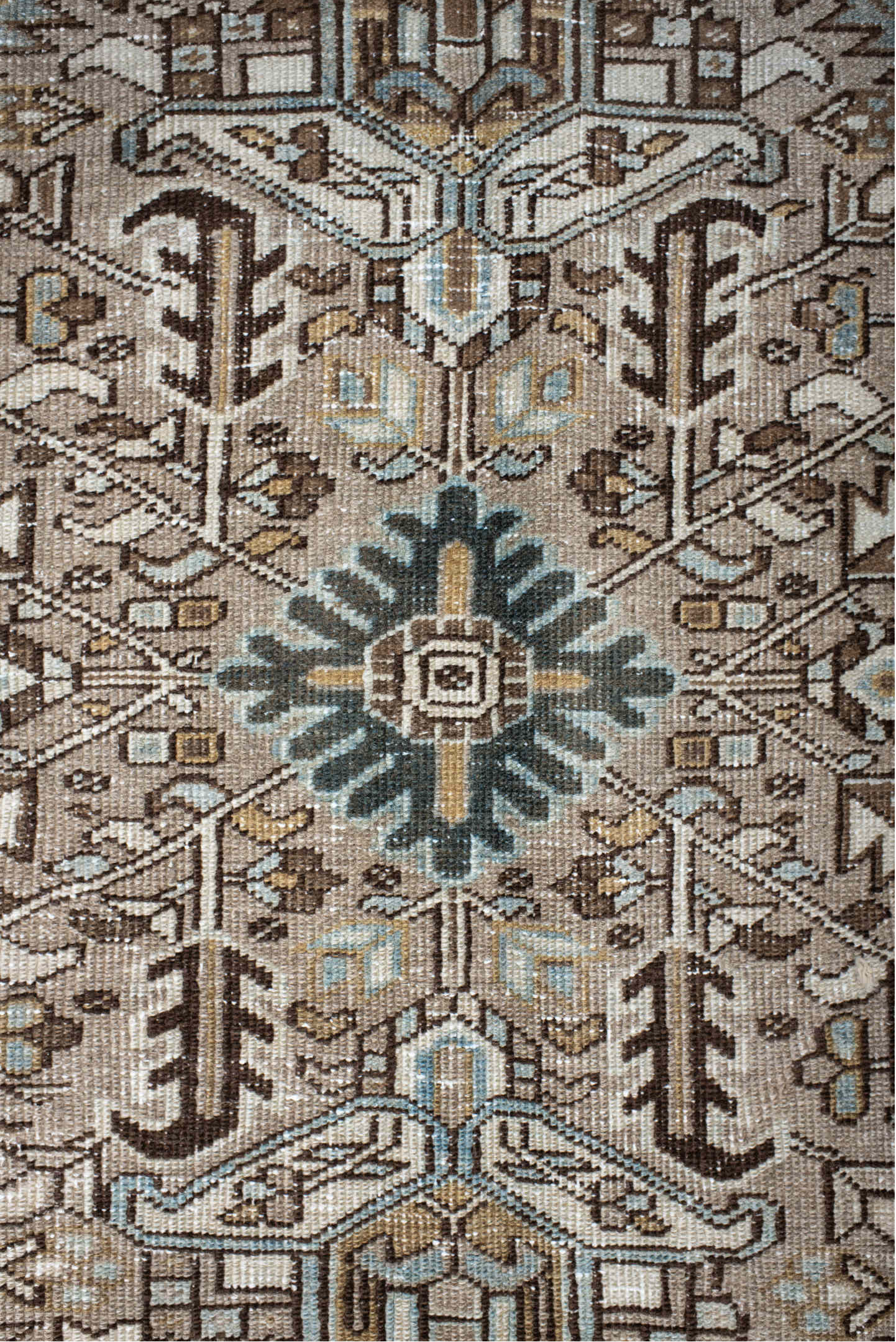 7' x 10' one-of-a-kind handmade antique Heriz large size rug. Color palette: taupe, ivory, slate, camel, brown, pale blue