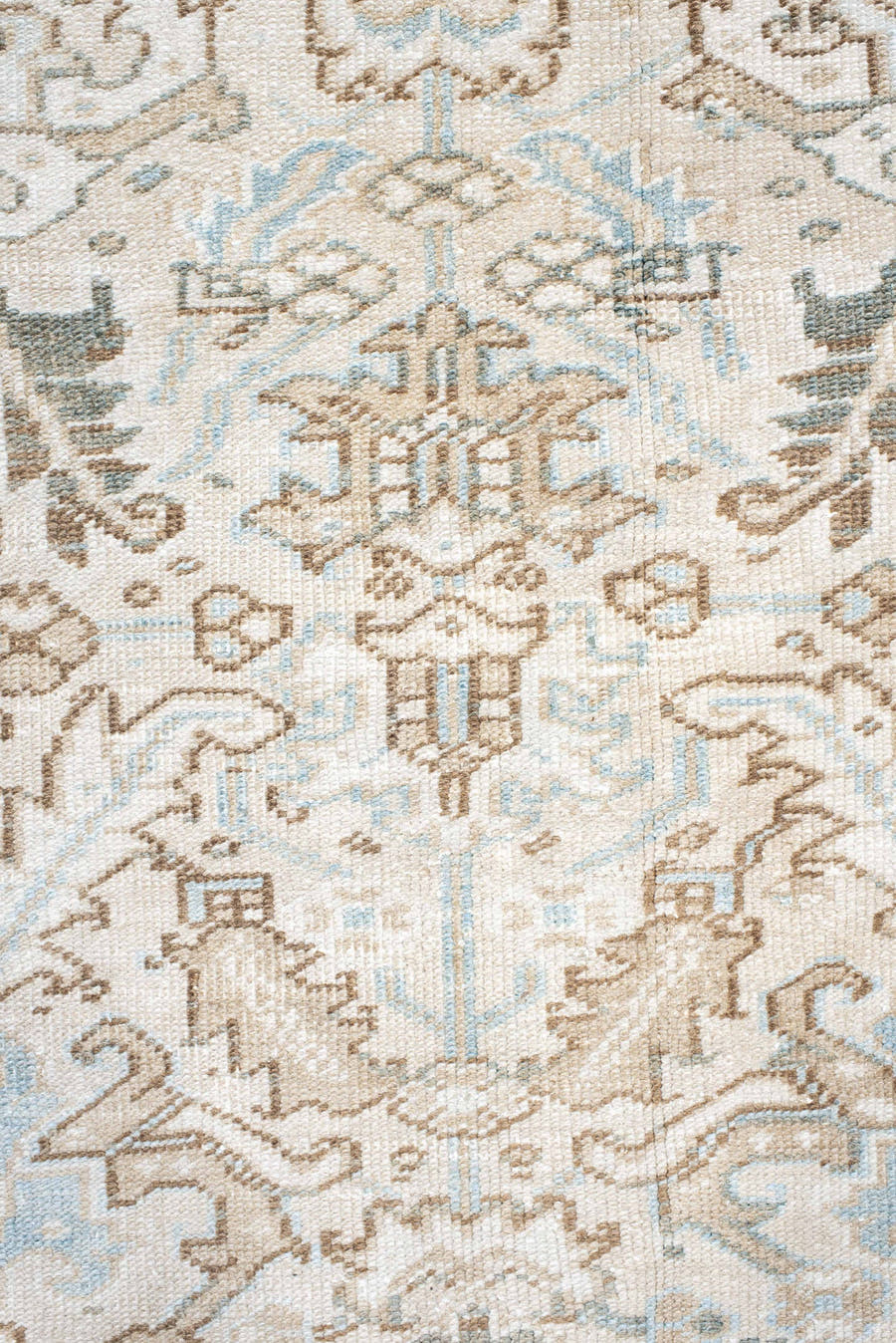7' x 8' one-of-a-kind handmade antique Heriz rug. Color palette: ivory, camel, pale blue, taupe, light gray, sand, beige