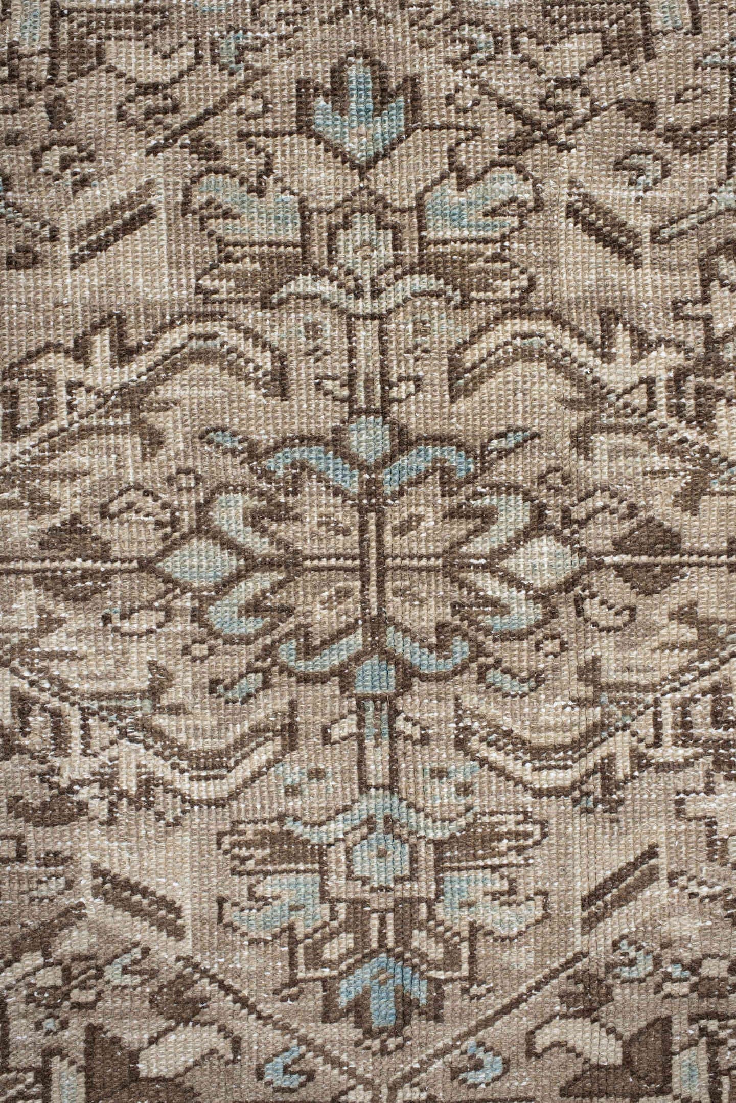 6' x 9' one-of-a-kind handmade antique Heriz medium size rug. Color palette: ivory, sky_blue, taupe, brown, rust, camel