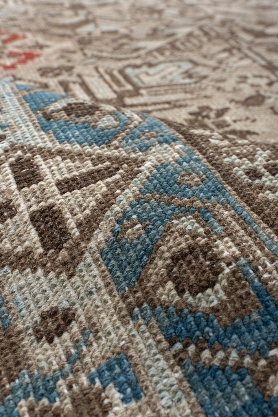 6' x 9' one-of-a-kind handmade antique Heriz medium size rug. Color palette: ivory, sky_blue, taupe, brown, rust, camel