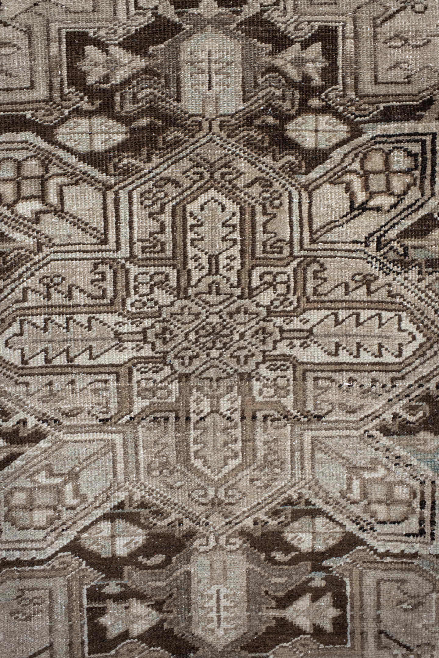 6' x 9' one-of-a-kind handmade vintage Heriz medium size rug. Color palette: taupe, ivory, light blue, charcoal, brown