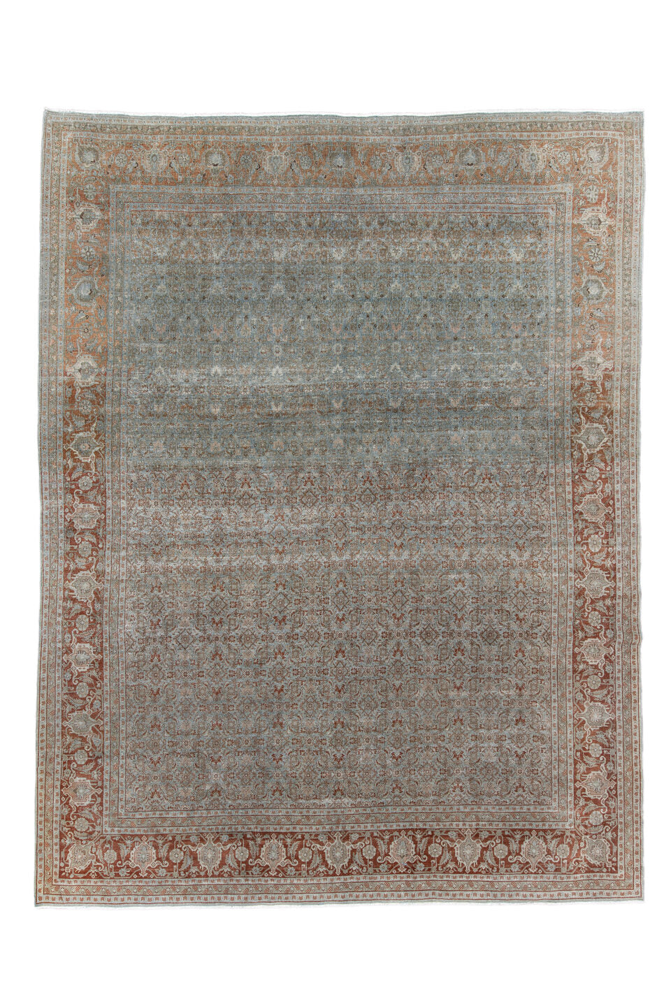 9' x 11' one-of-a-kind handmade antique Tabriz large size rug. Color palette: blue, rust, ivory, taupe, camel, terracotta