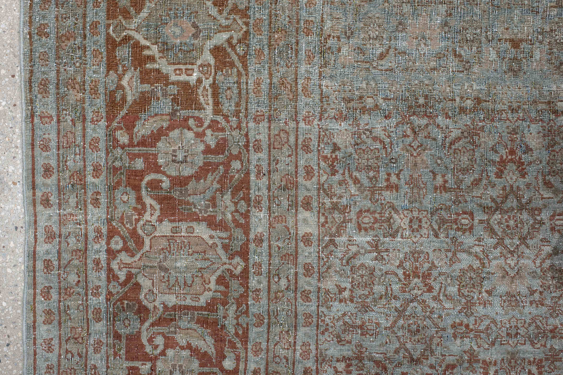 9' x 11' one-of-a-kind handmade antique Tabriz large size rug. Color palette: blue, rust, ivory, taupe, camel, terracotta