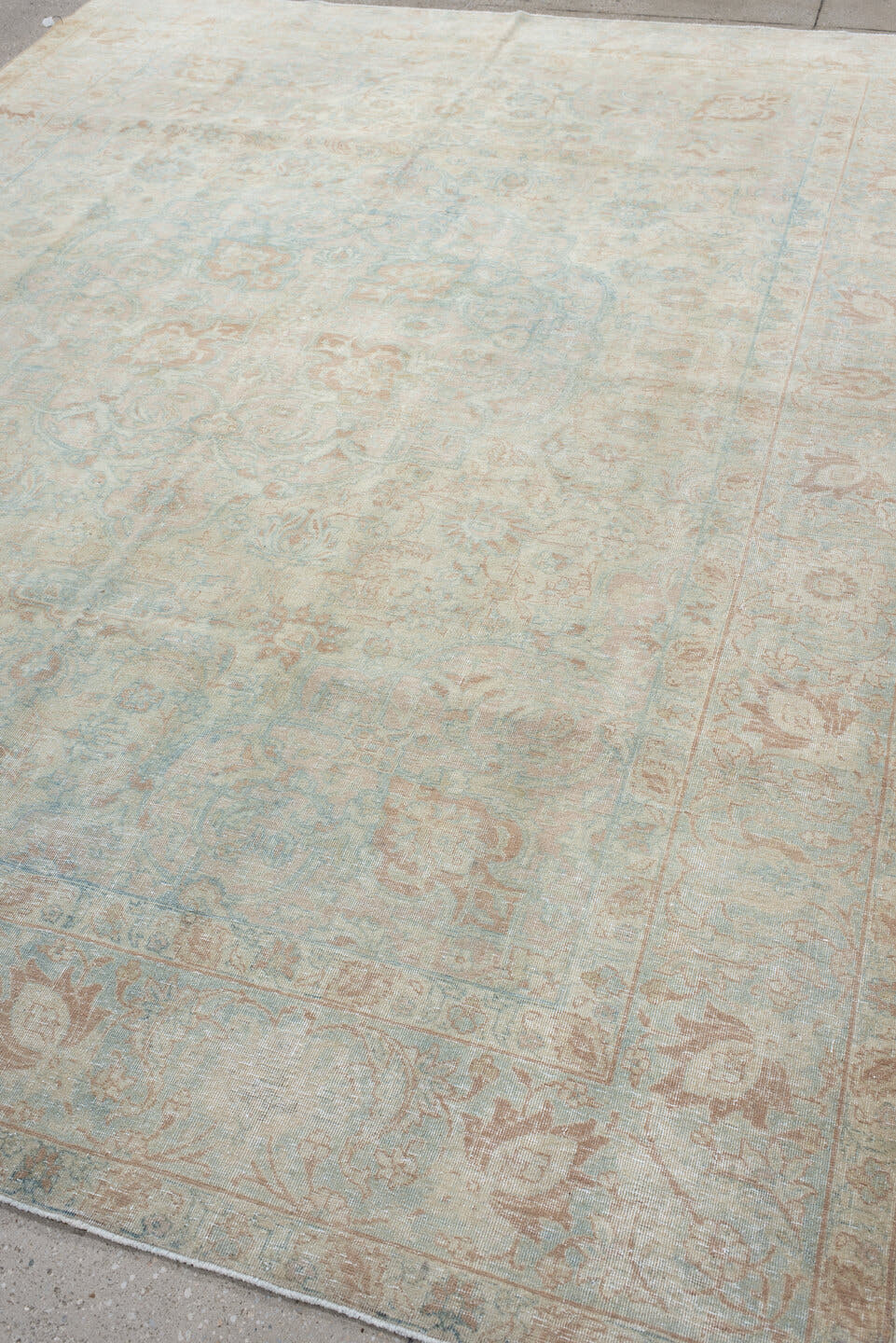 7' x 10' one-of-a-kind handmade antique Tabriz large size rug. Color palette: ivory, pale blue, blush, cream, taupe, sage