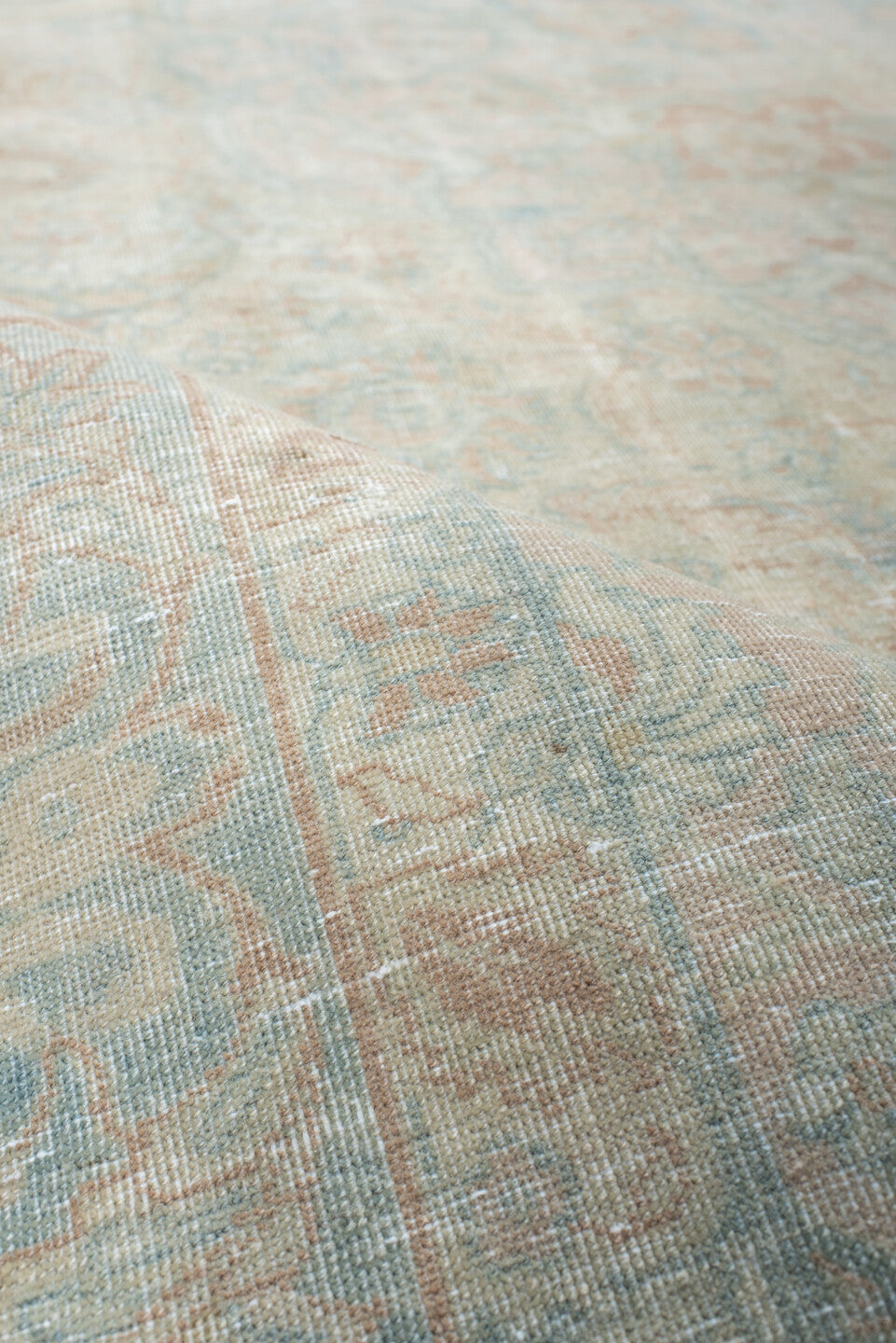 7' x 10' one-of-a-kind handmade antique Tabriz large size rug. Color palette: ivory, pale blue, blush, cream, taupe, sage