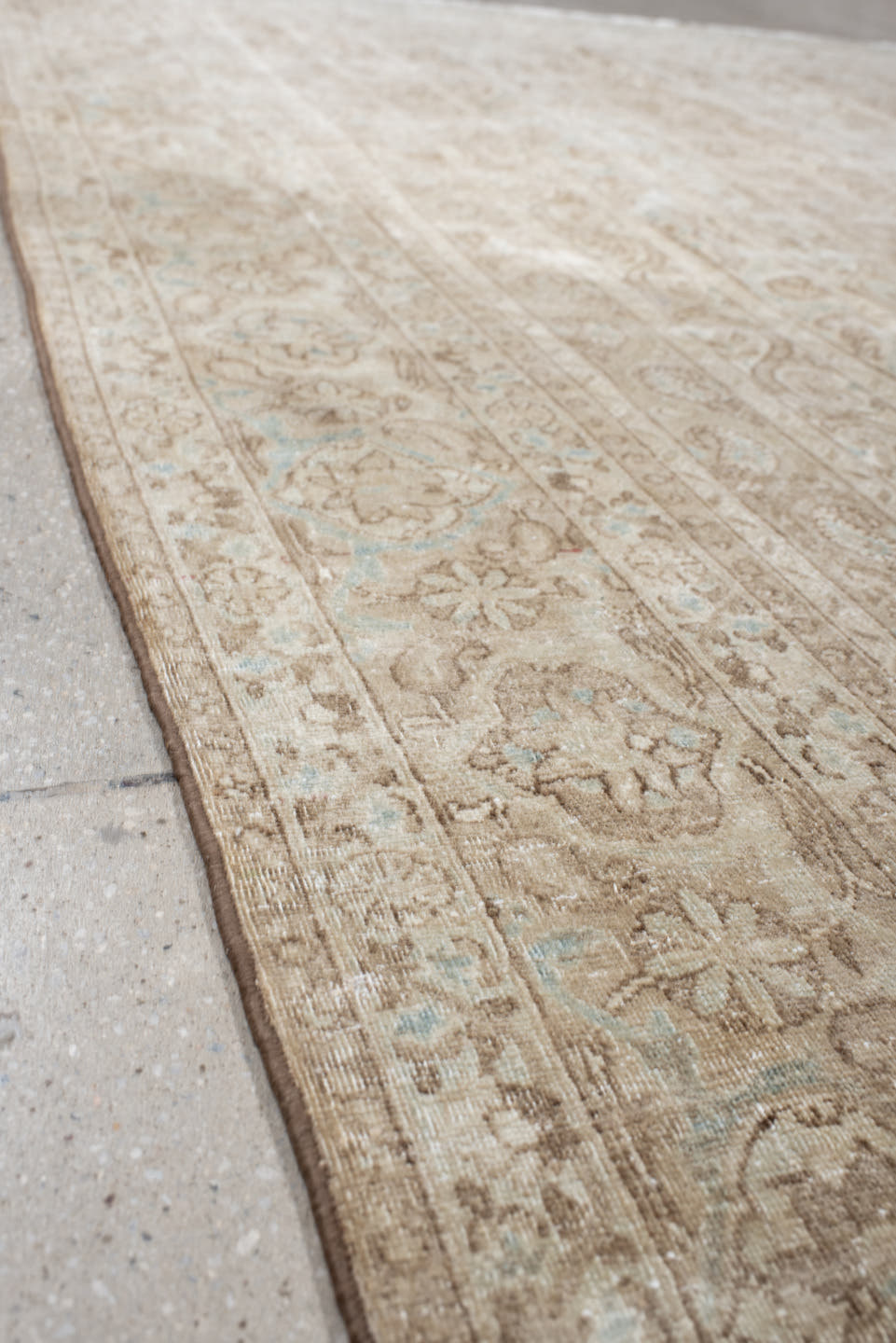 8' x 11' one-of-a-kind handmade antique Qum large size rug. Color palette: ivory, beige, taupe, pale blue, cream, sand, gray
