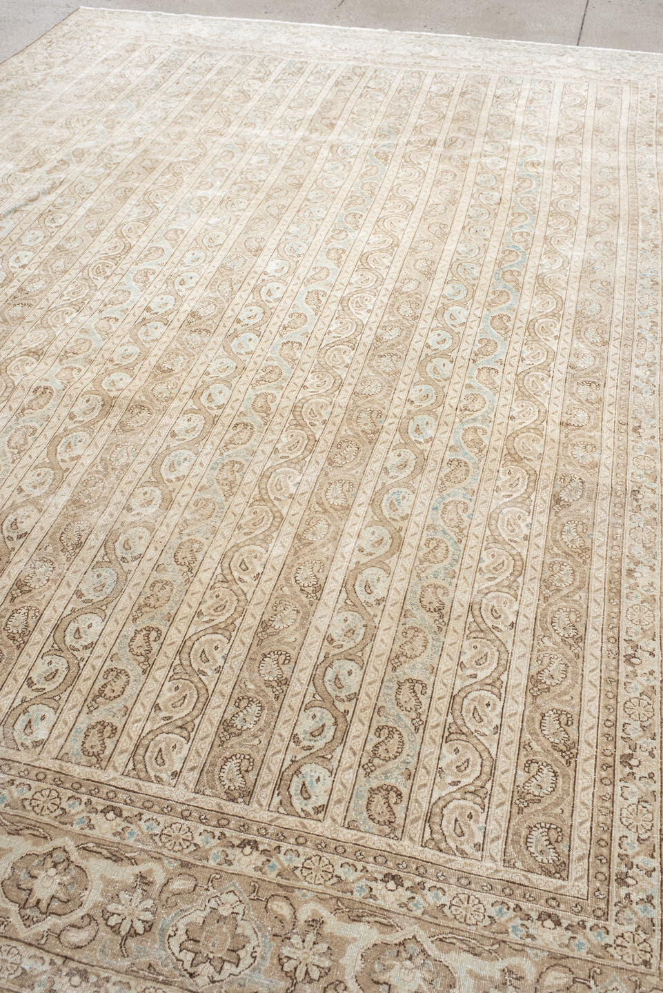 8' x 11' one-of-a-kind handmade antique Qum large size rug. Color palette: ivory, beige, taupe, pale blue, cream, sand, gray
