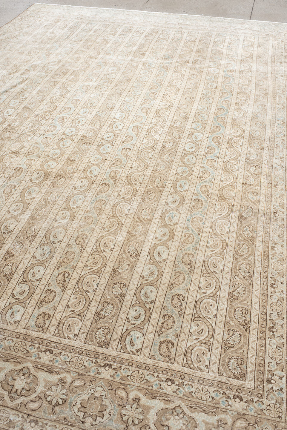 8' x 11' one-of-a-kind handmade antique Qum large size rug. Color palette: ivory, beige, taupe, pale blue, cream, sand, gray