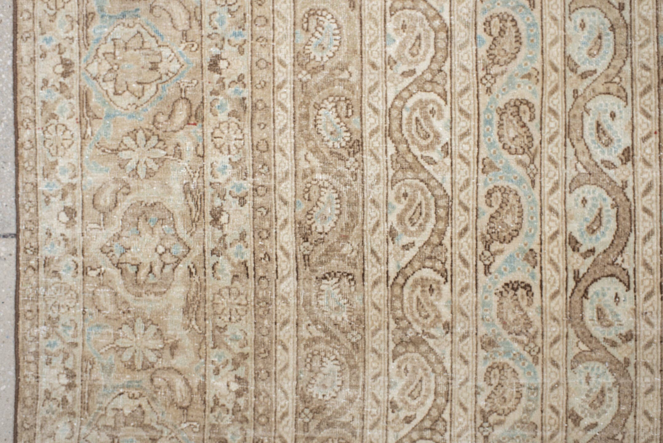 8' x 11' one-of-a-kind handmade antique Qum large size rug. Color palette: ivory, beige, taupe, pale blue, cream, sand, gray