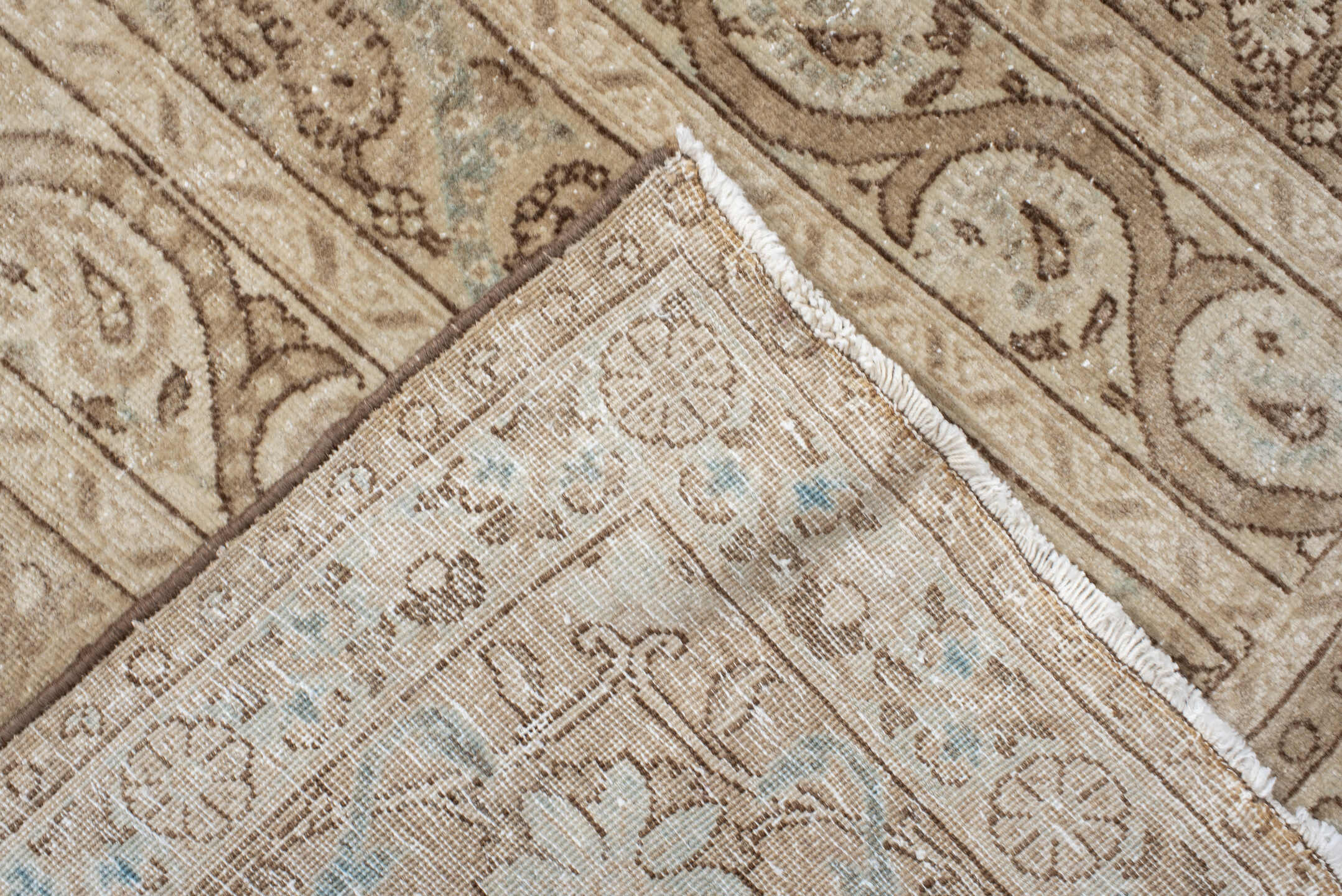 8' x 11' one-of-a-kind handmade antique Qum large size rug. Color palette: ivory, beige, taupe, pale blue, cream, sand, gray